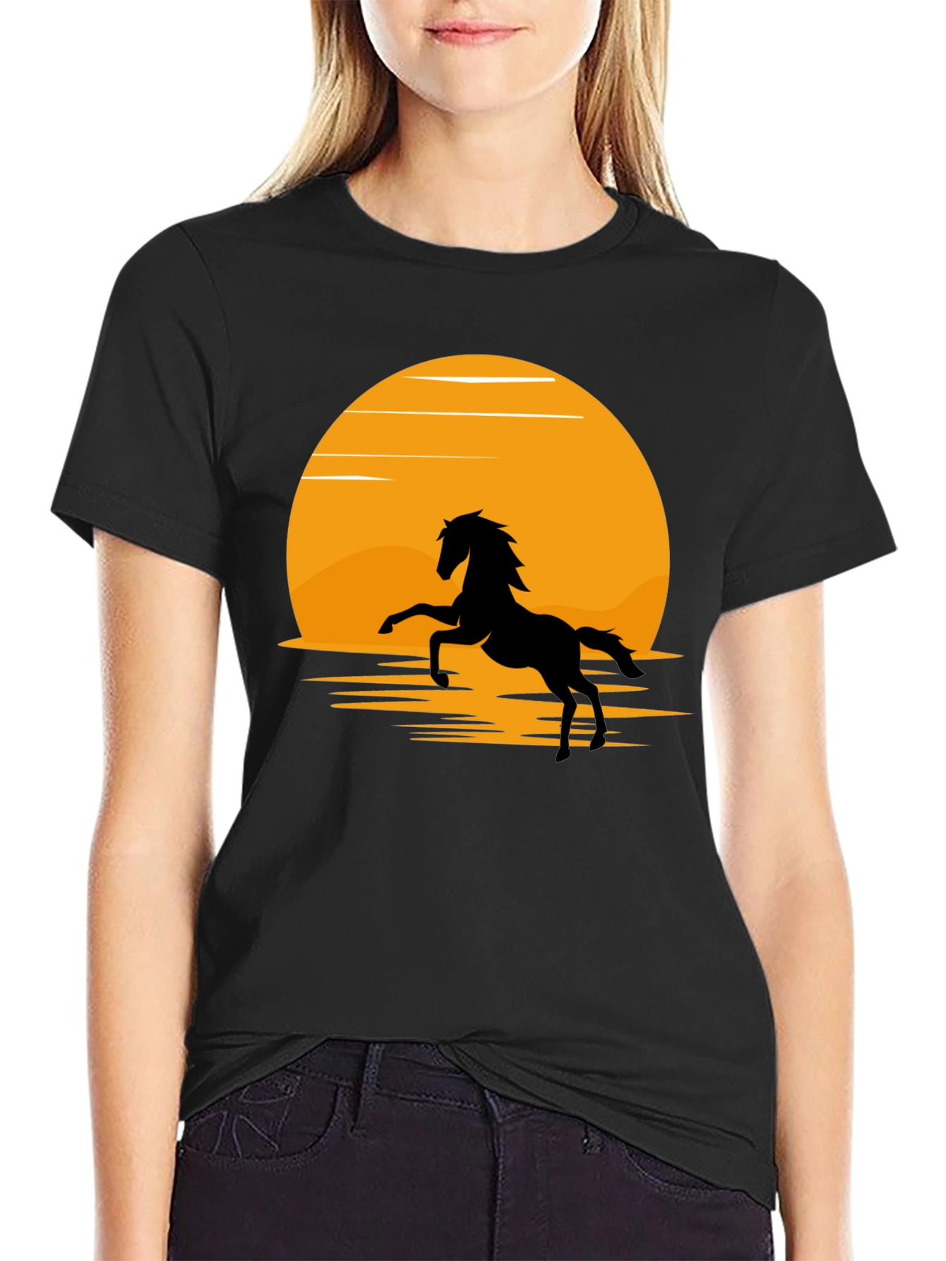 Black Silhouette Horse T-Shirt - Black, Sun Design view 2