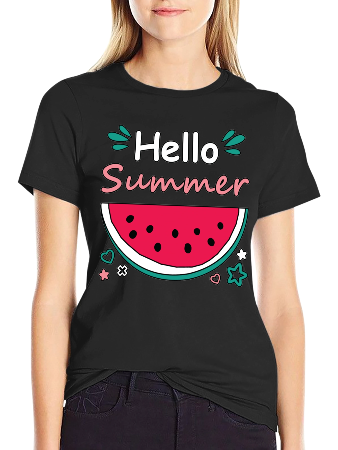 Black Hello Summer Watermelon Graphic T-Shirt view 2