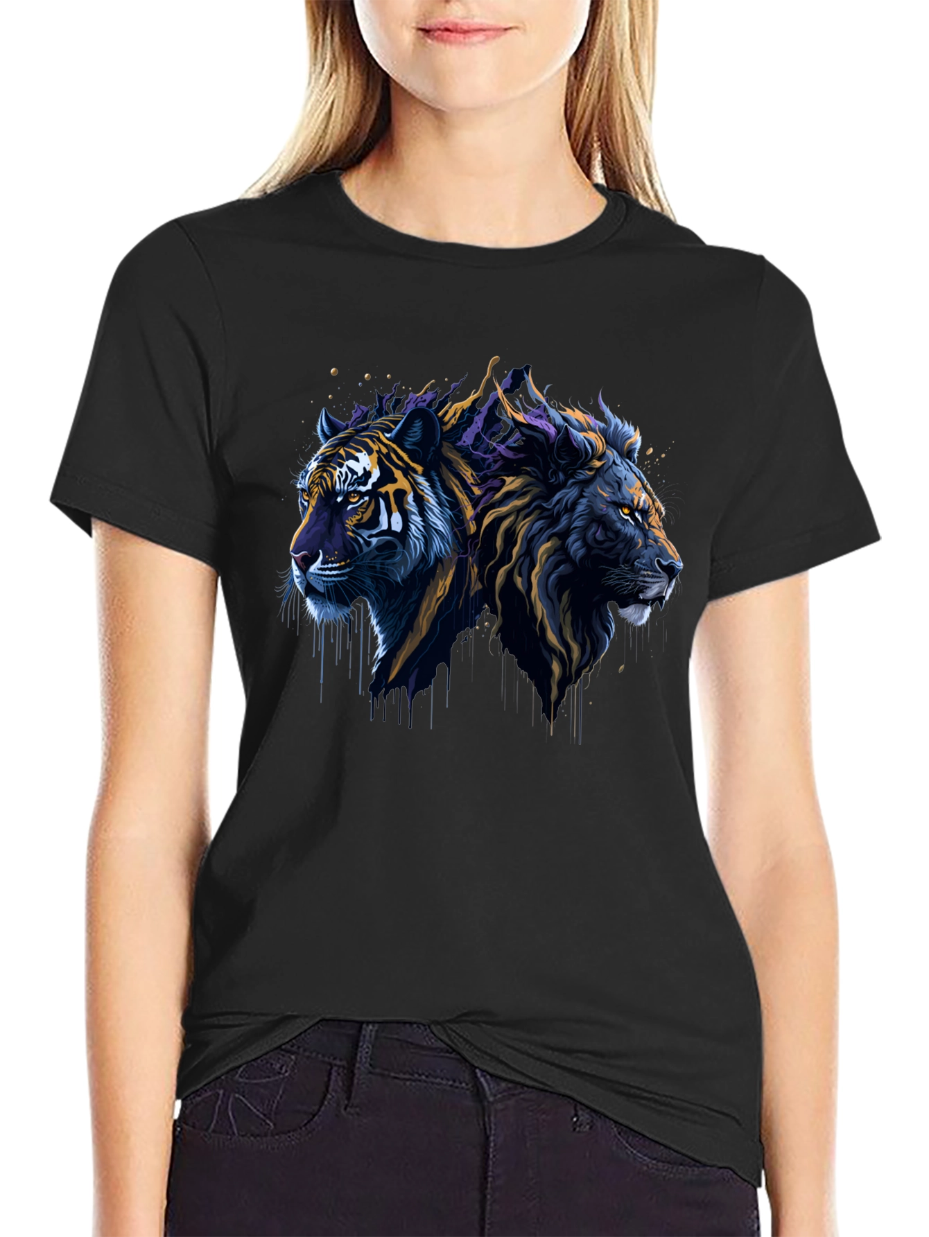 Black Lion & Tiger Graphic Tee - Black Crew Neck T-Shirt view 2