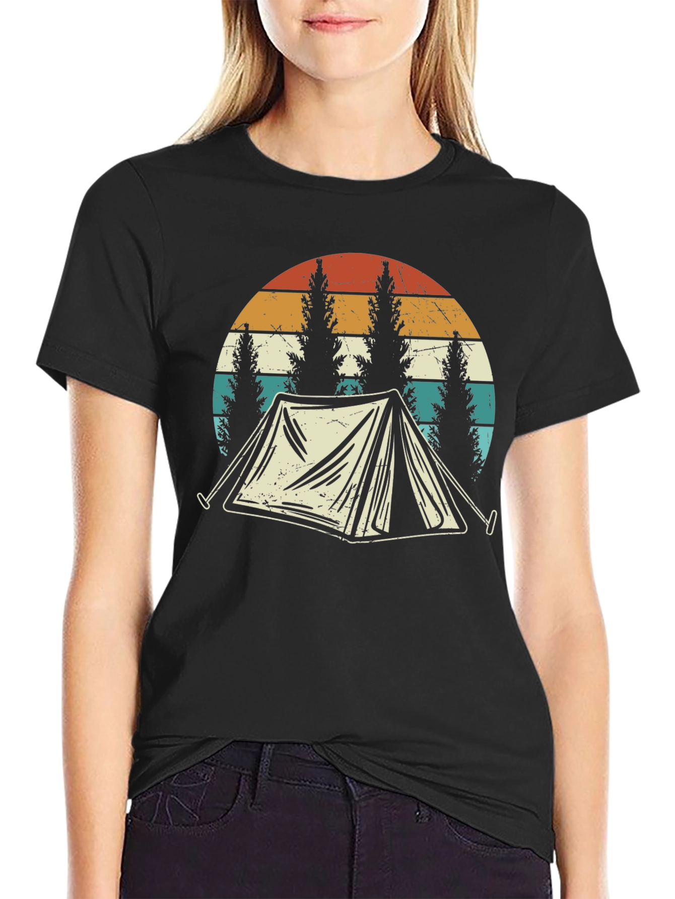 Black Vintage Camping T-Shirt - Retro Tent & Trees Design view 2
