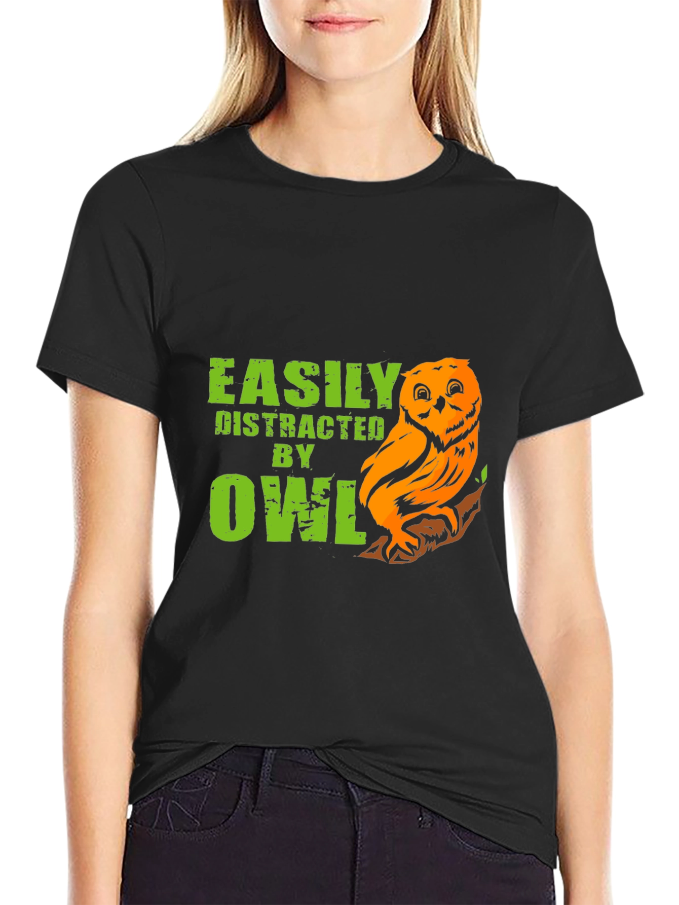 Black Easily Distracted By Owls Funny T-Shirt view 2