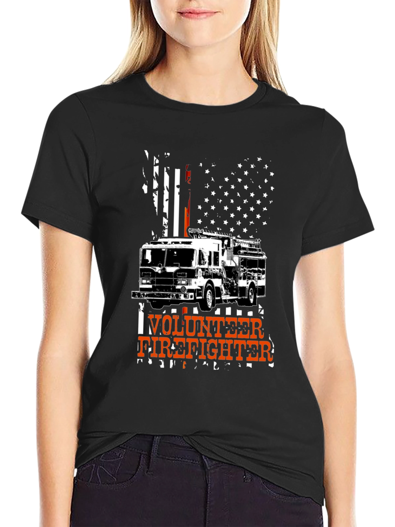 Black Volunteer Firefighter Tee - American Flag Design view 2