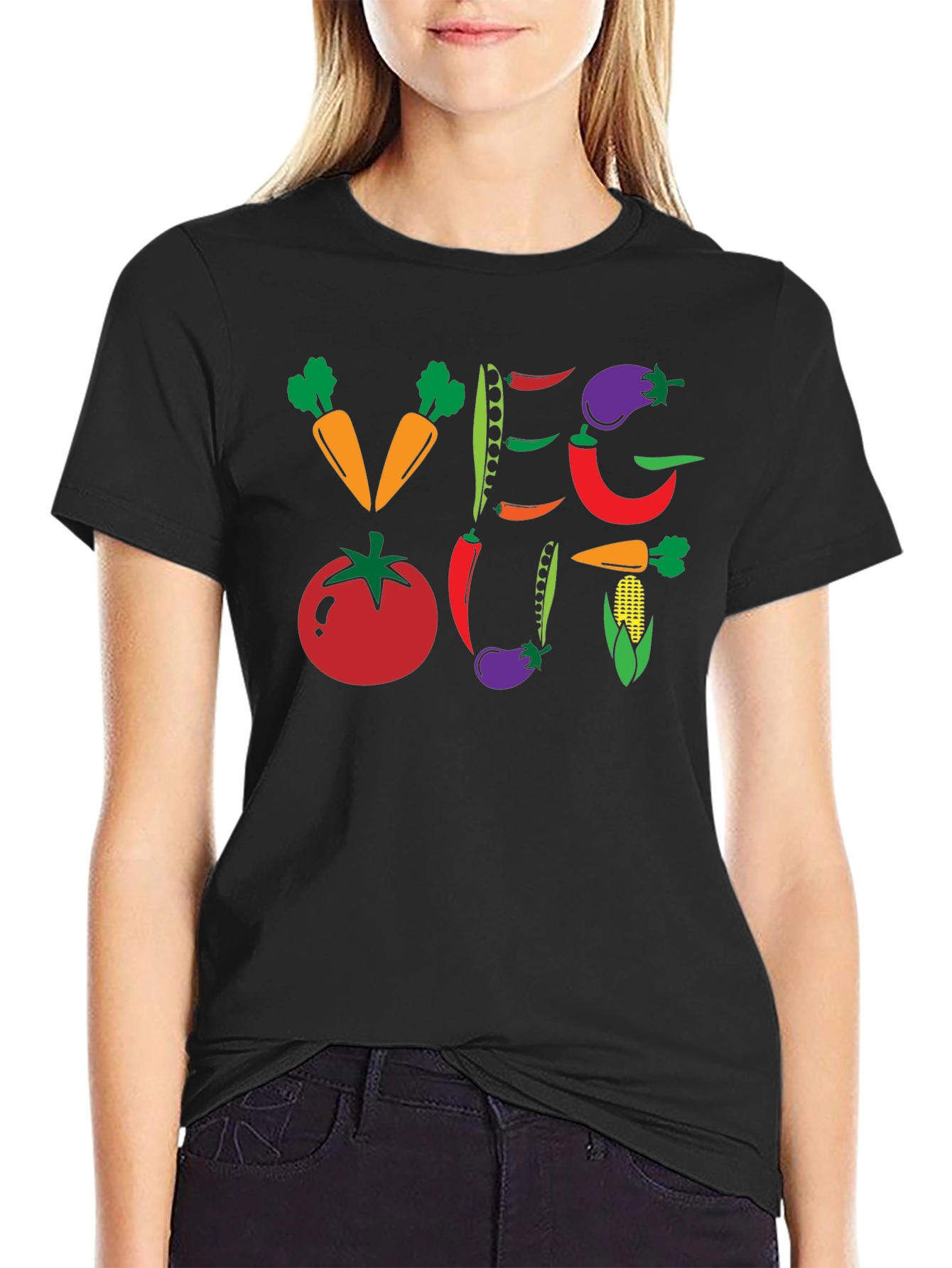 Black Veg Out Graphic T-Shirt - Black Vegan Tee view 2