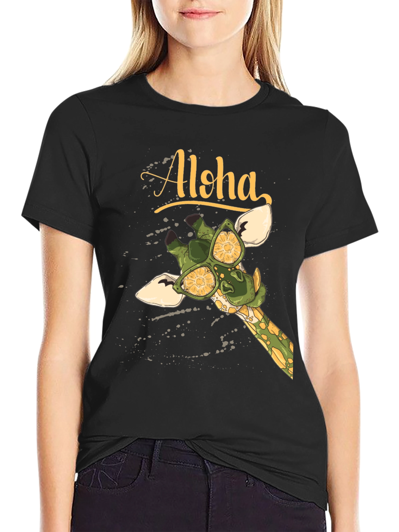 Black Aloha Giraffe Graphic T-Shirt view 2