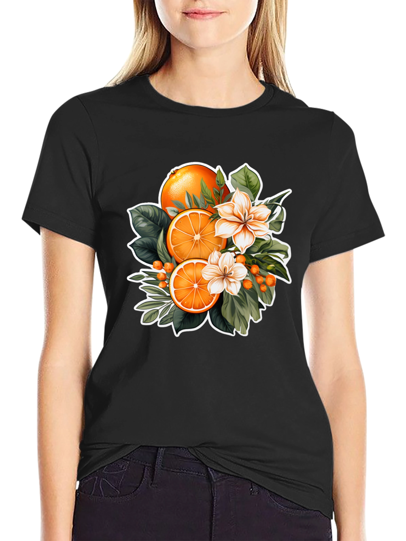 Black Orange Blossom Graphic Black T-Shirt view 2