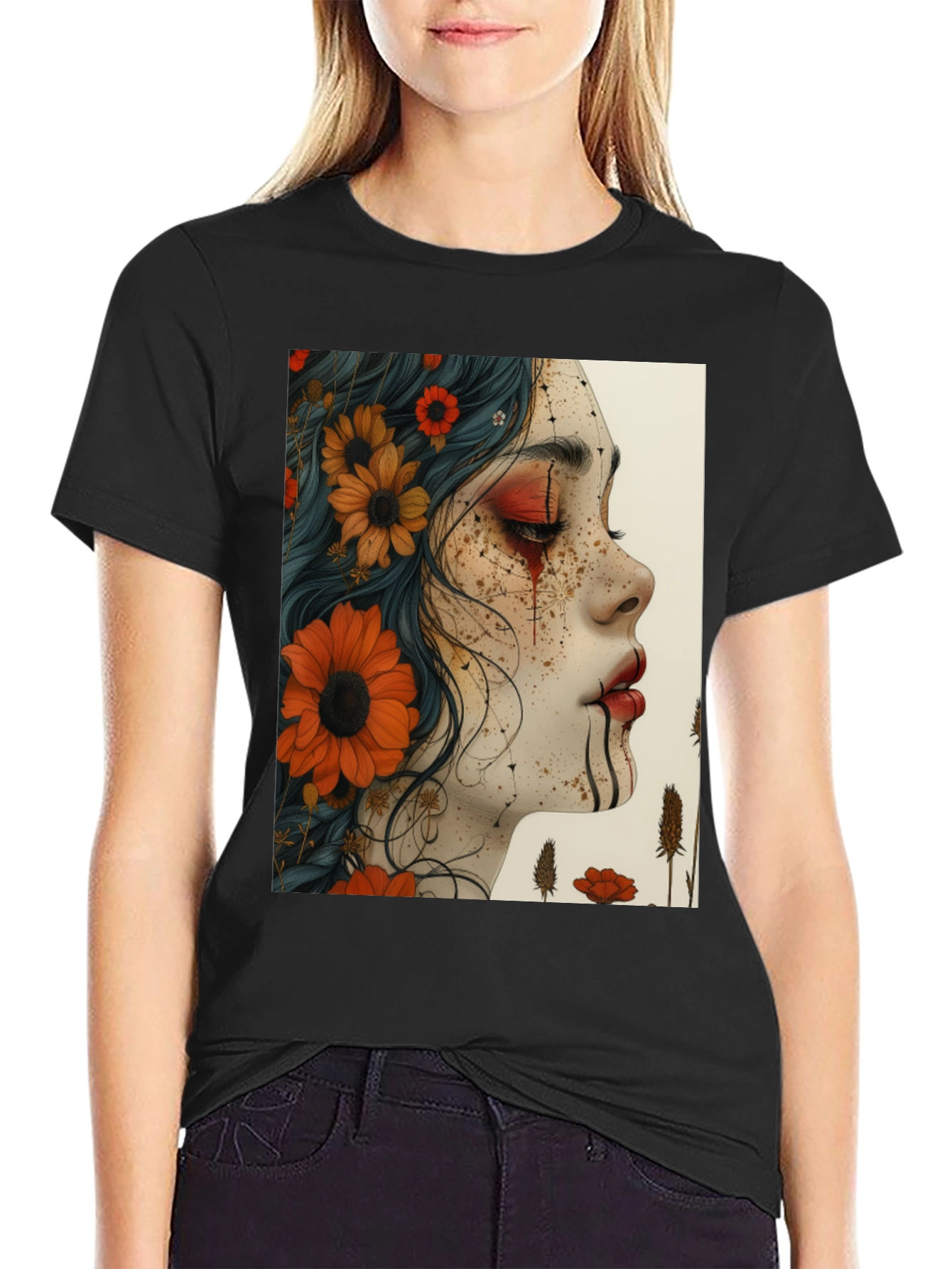 Floral Woman Graphic Black T-Shirt - 2