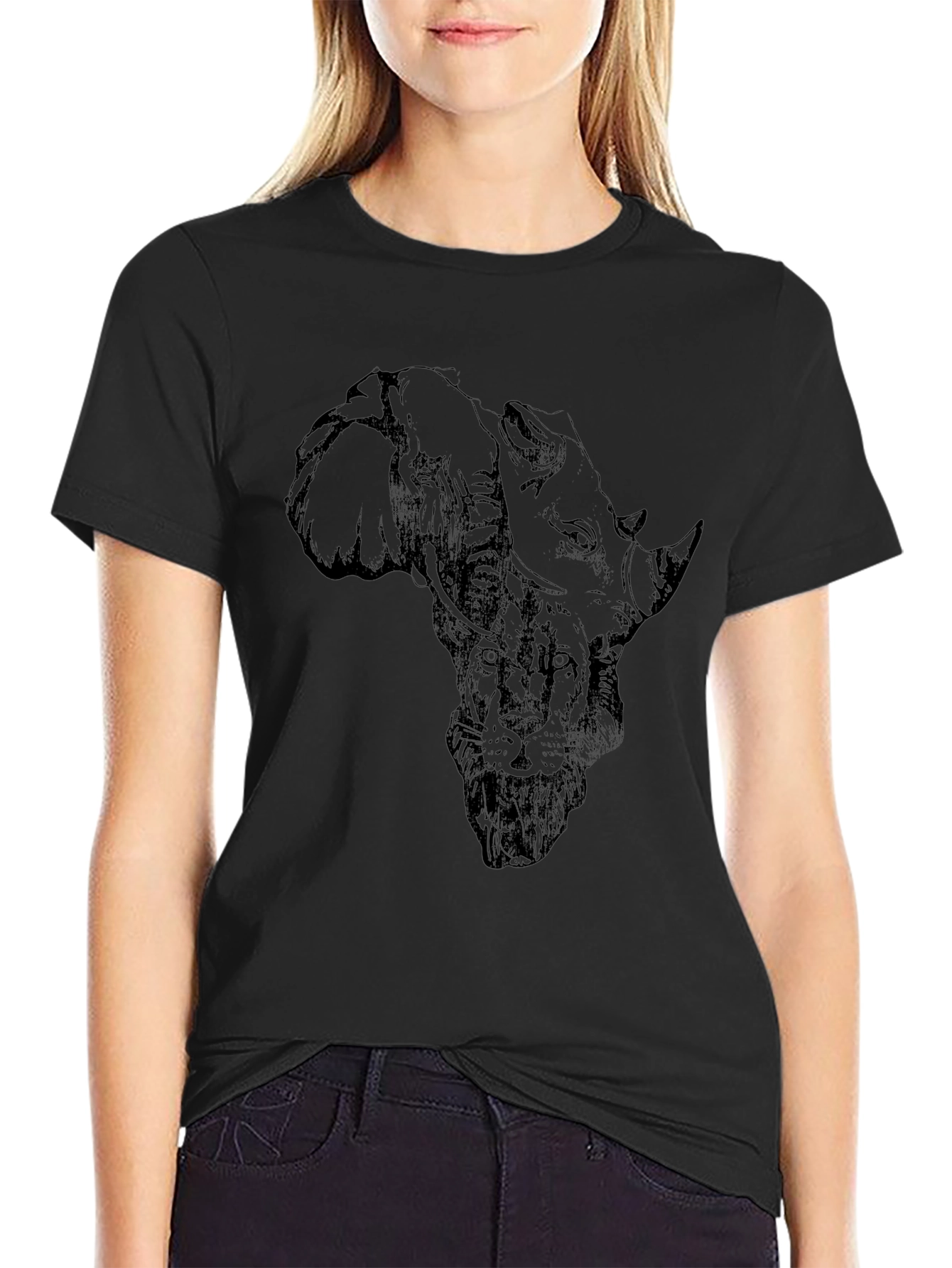 Black African Animals Graphic Print Black T-Shirt view 2
