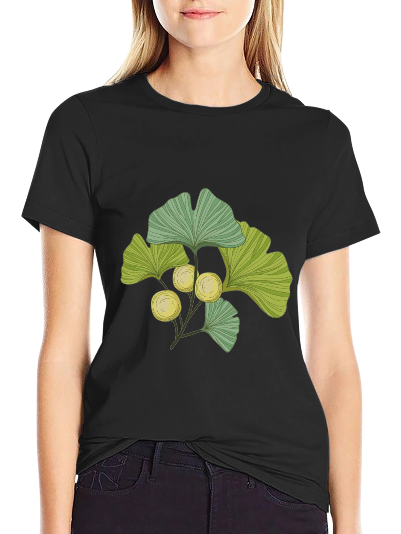 Black Ginkgo Leaf Print T-Shirt - Nature Inspired Design view 2