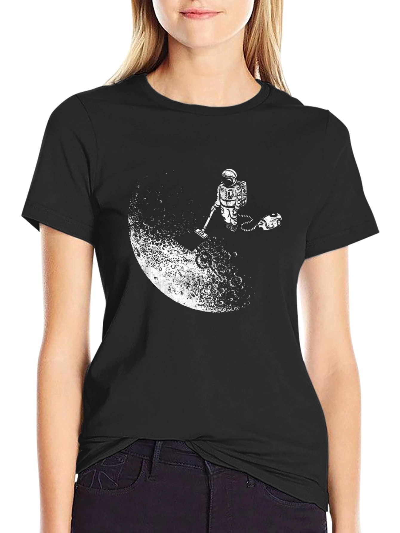 Black Astronaut Vacuuming the Moon Black T-Shirt view 2