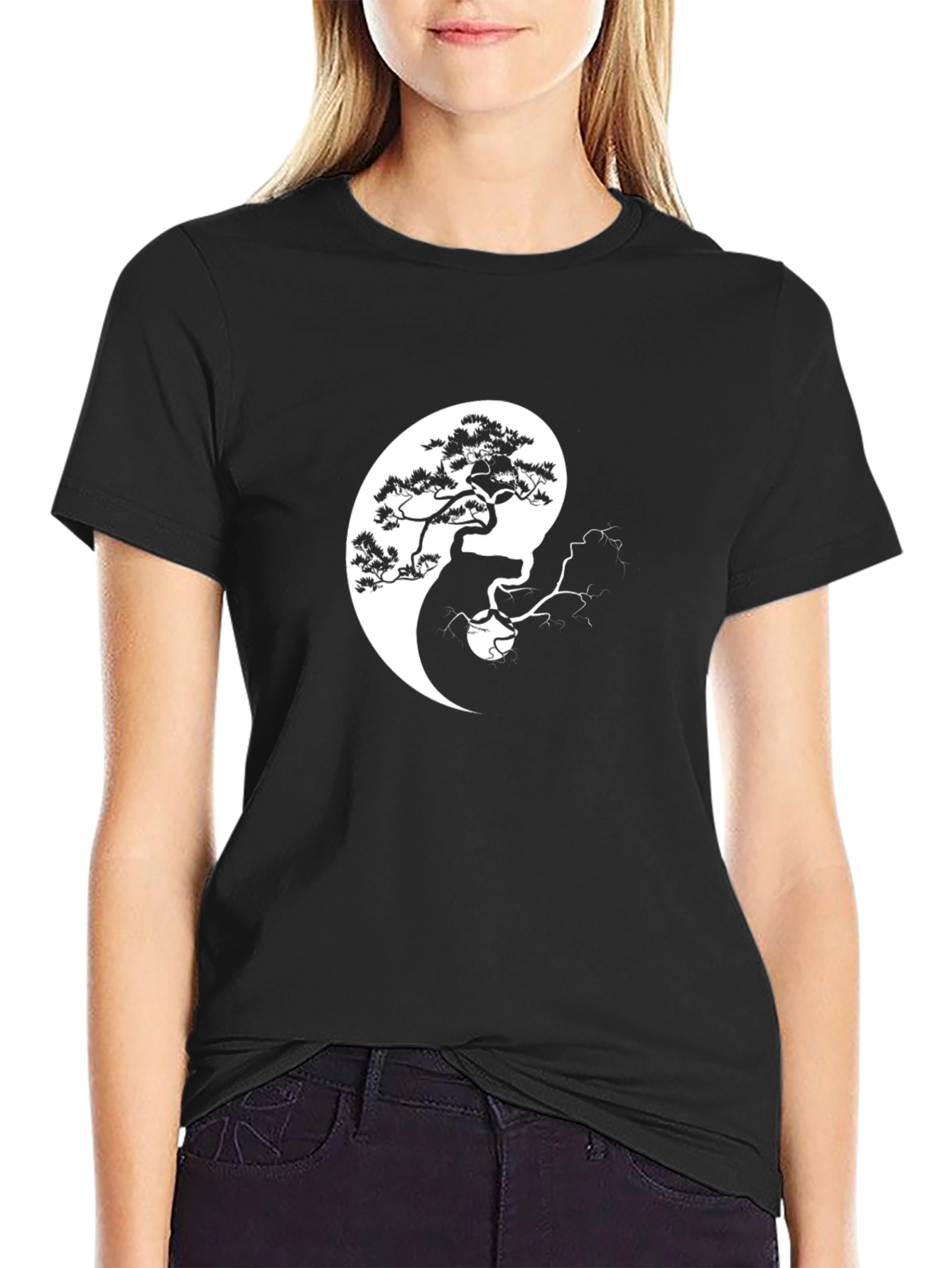 Black Yin Yang Tree Graphic Black T-Shirt view 2