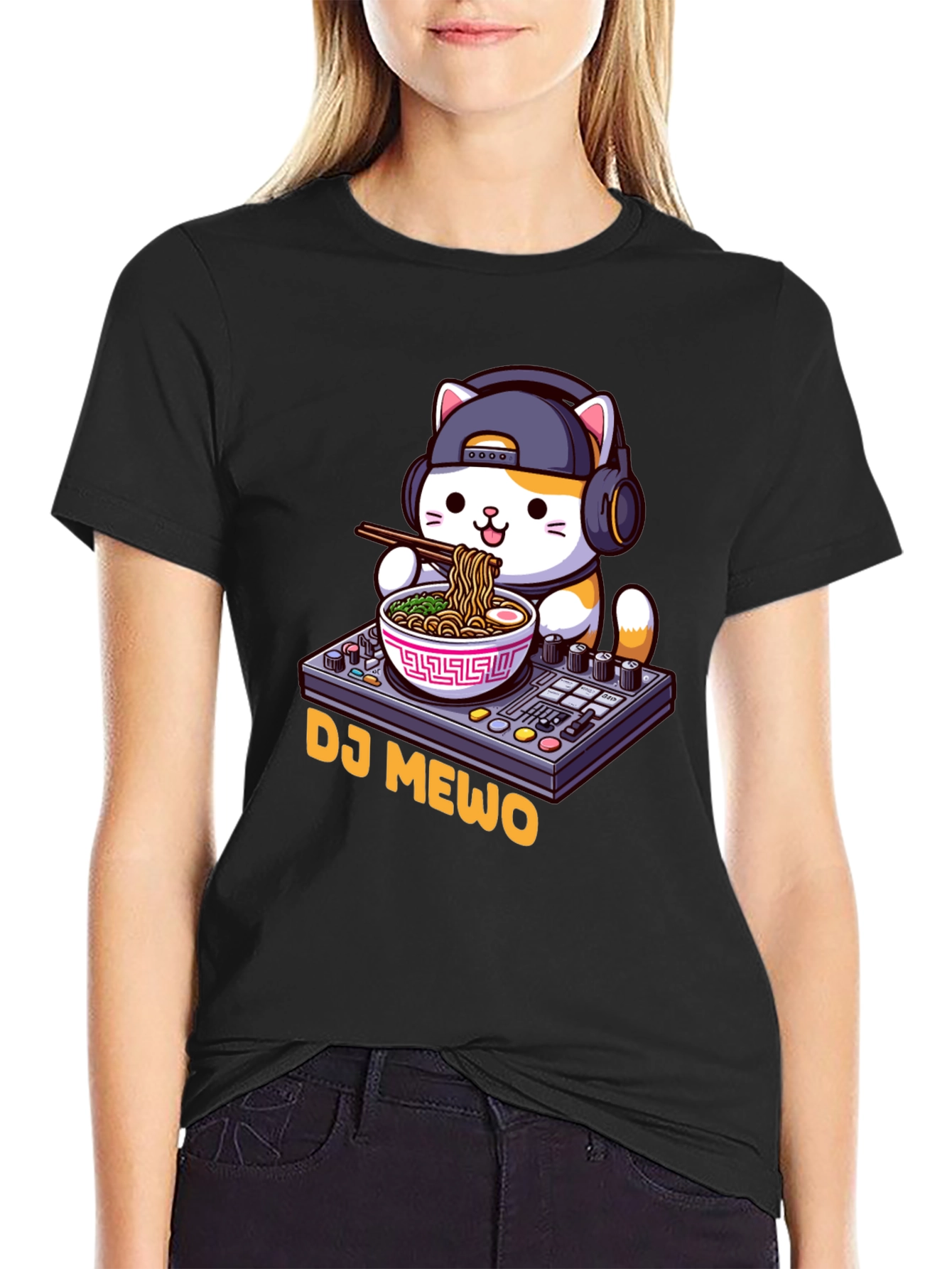 Black DJ MEWO Black T-Shirt - Cat Ramen DJ Design view 2