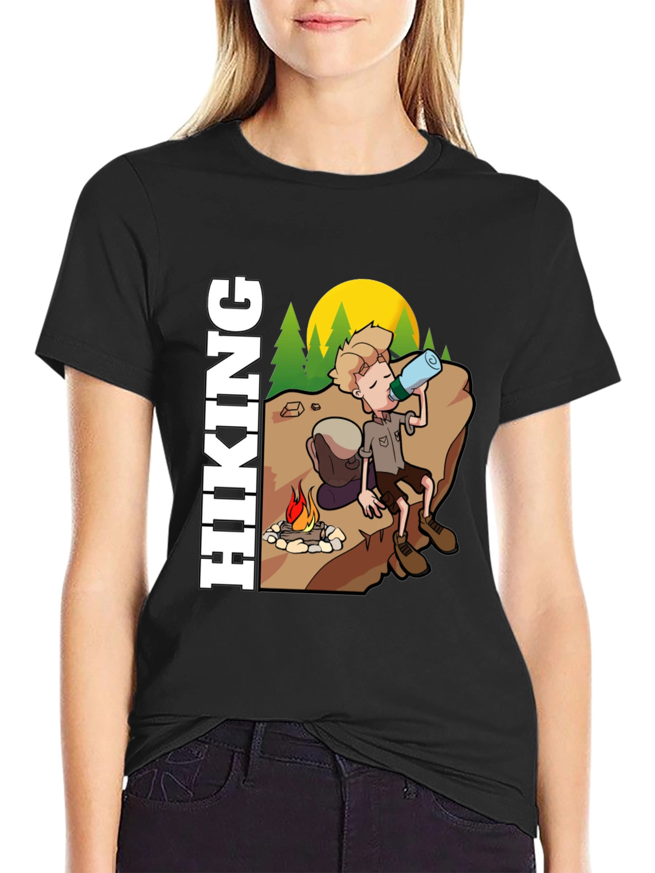 Black Hiking Cartoon Graphic Tee - Adventure Awaits view 2