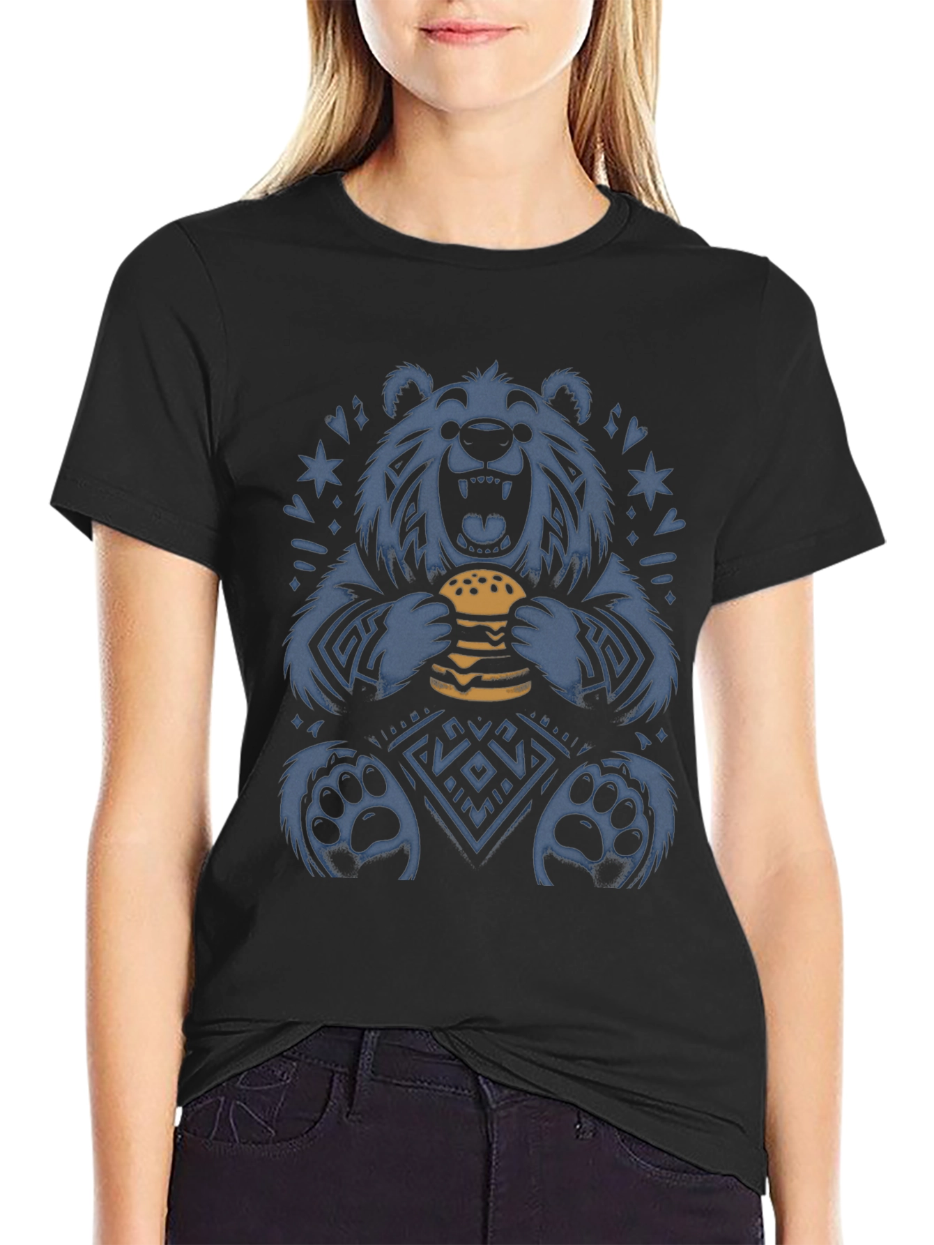 Black Bear Eating Burger Graphic Tee - Novelty Print T-Shirt view 2