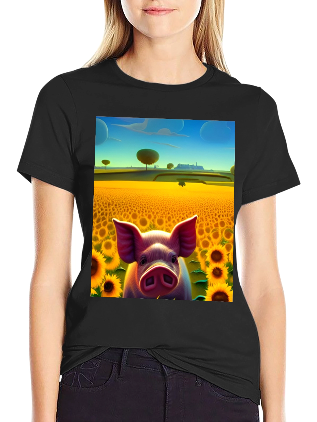 Black Pig in Sunflower Field Graphic Tee view 2