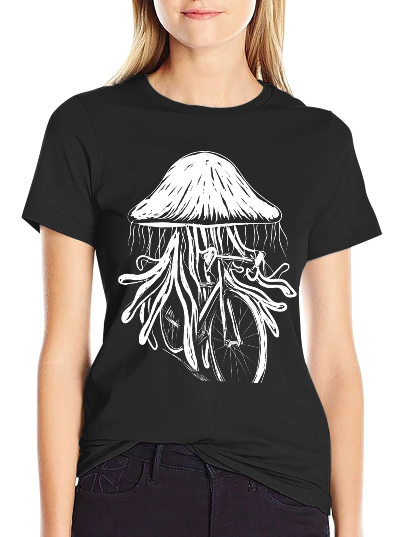 Black Jellyfish Bicycle Graphic T-Shirt - Unique Black Tee view 2