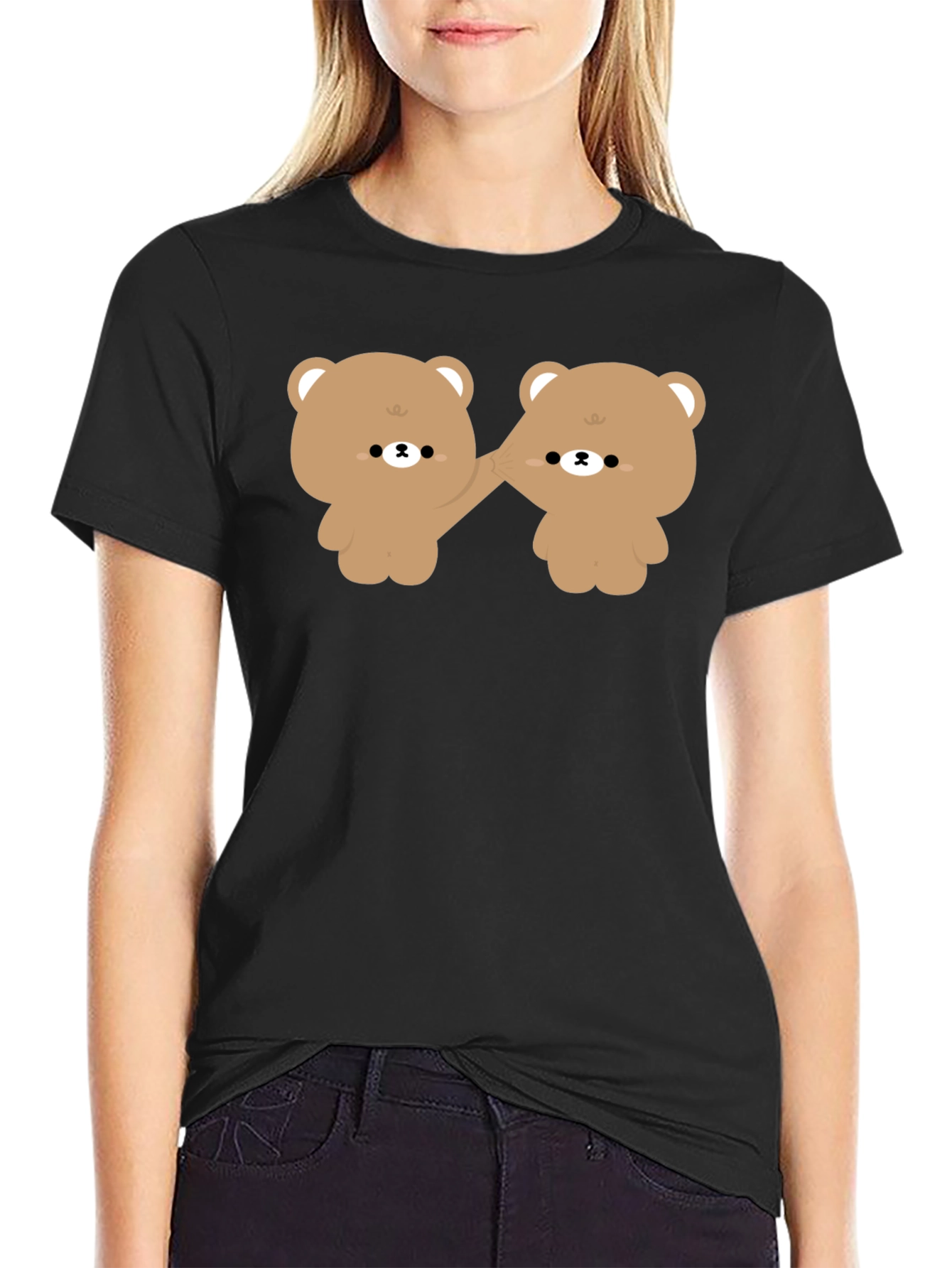 Black Cute Bears Holding Hands Black T-Shirt view 2