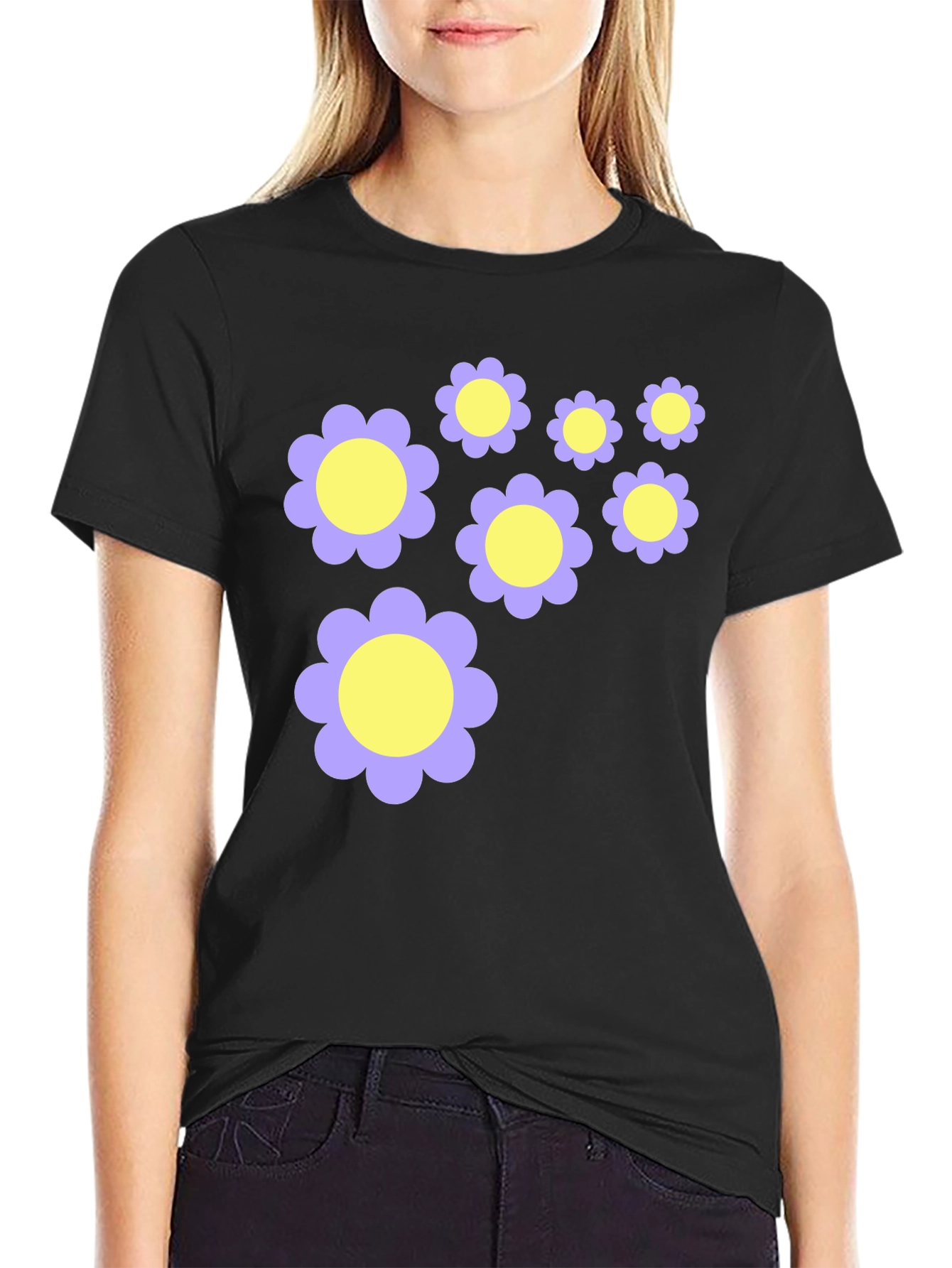 Black Floral Pattern Black T-Shirt view 2