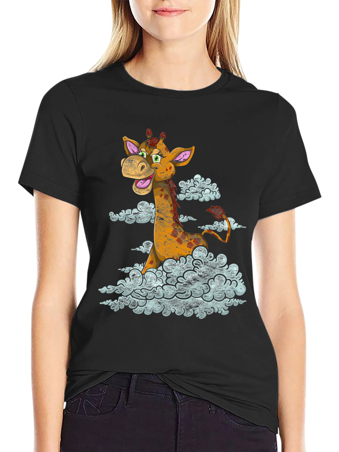 Black Giraffe in Clouds Graphic T-Shirt view 2