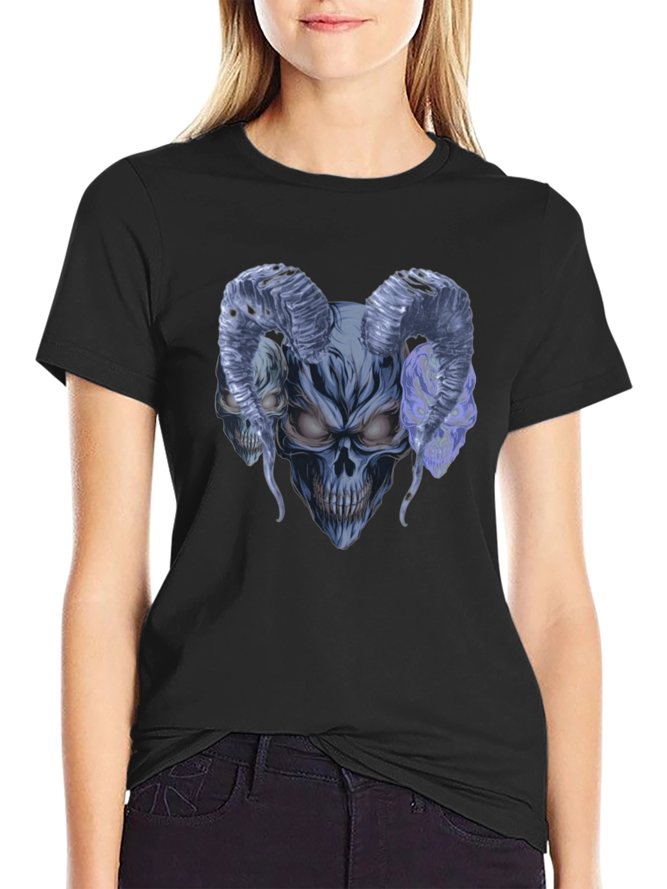 Black Skull Horns Graphic Tee - Men's Black Cotton T-Shirt view 2