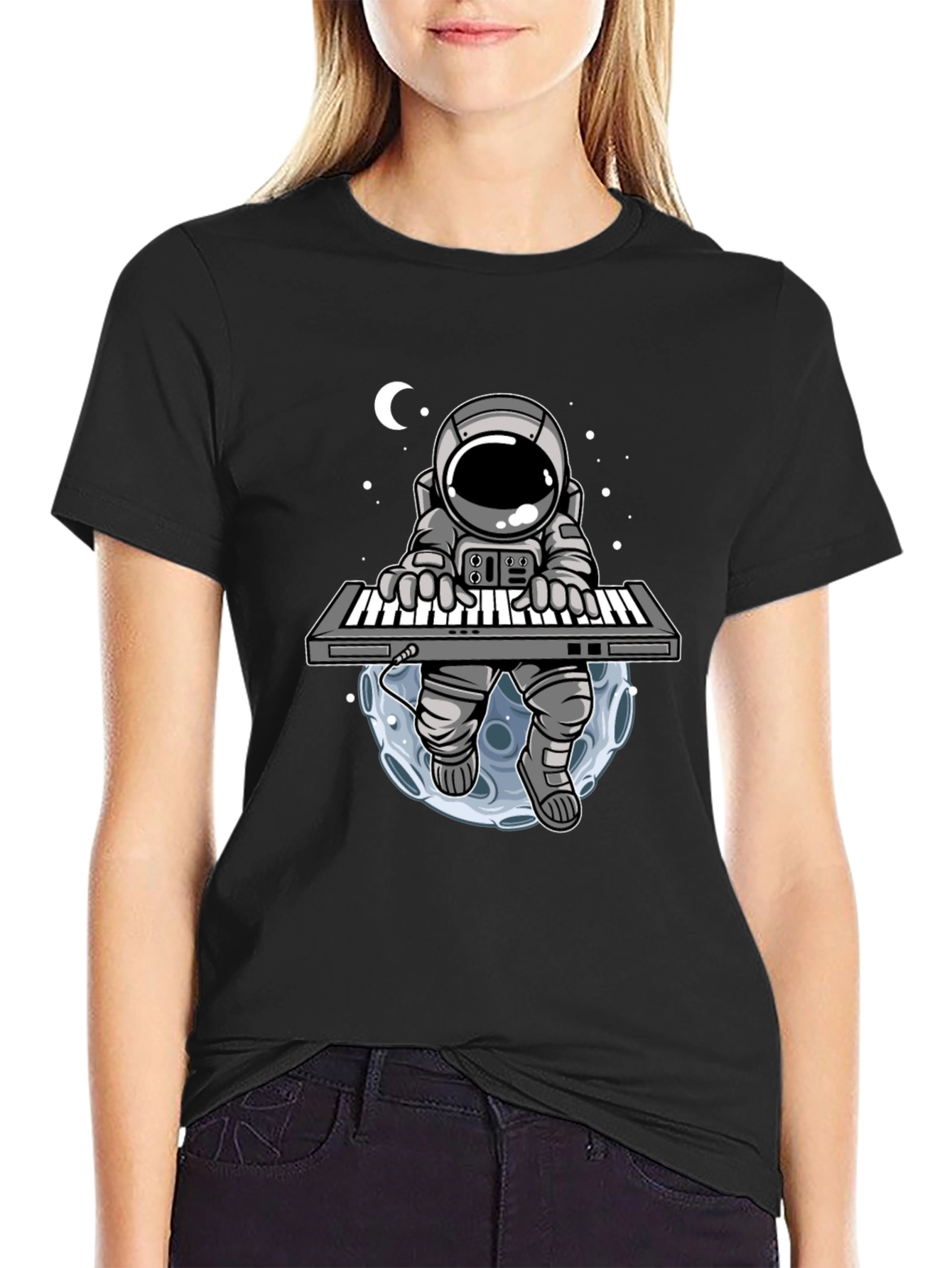 Black Astronaut Keyboardist Graphic T-Shirt view 2