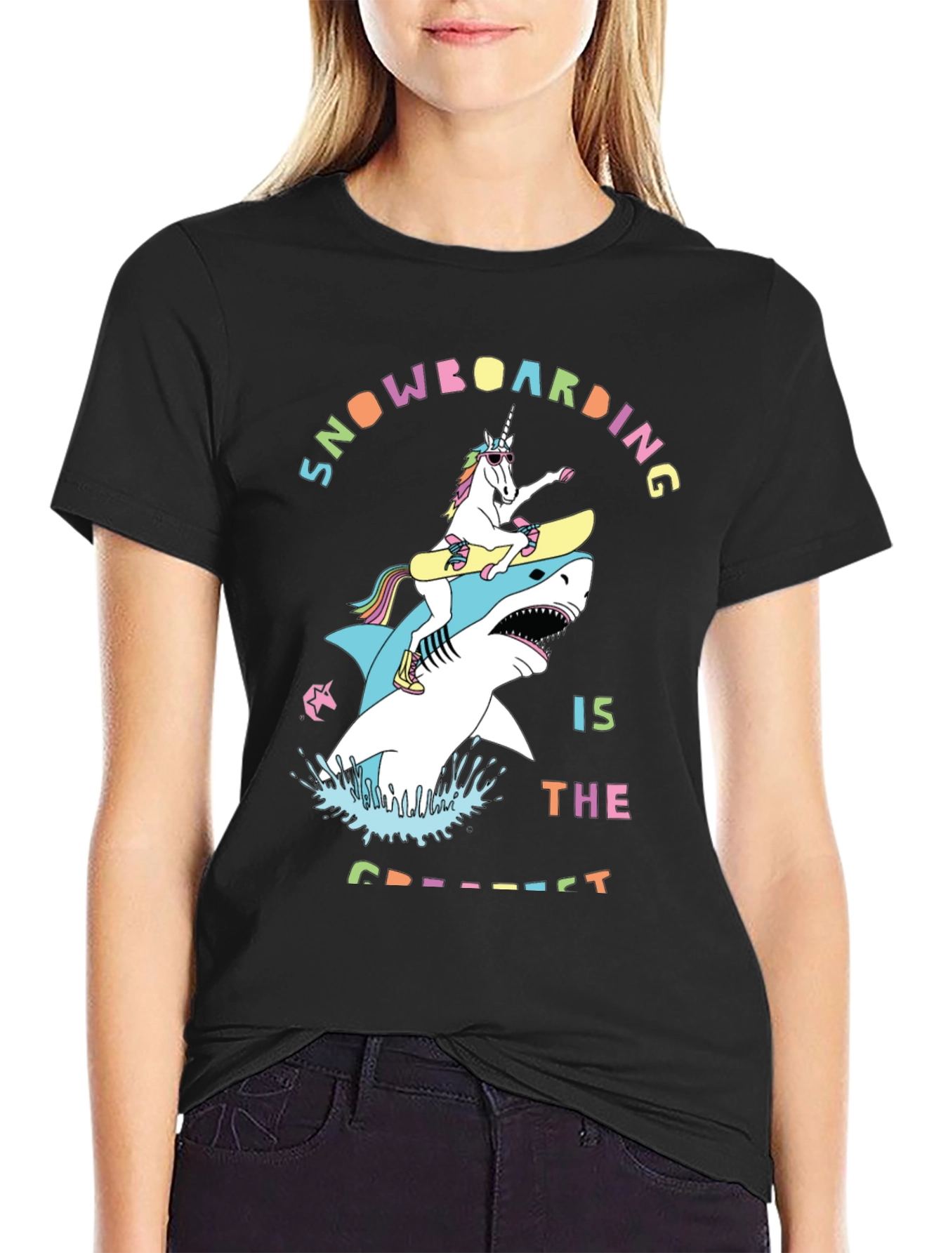 Black Snowboarding Shark & Unicorn Graphic Tee view 2