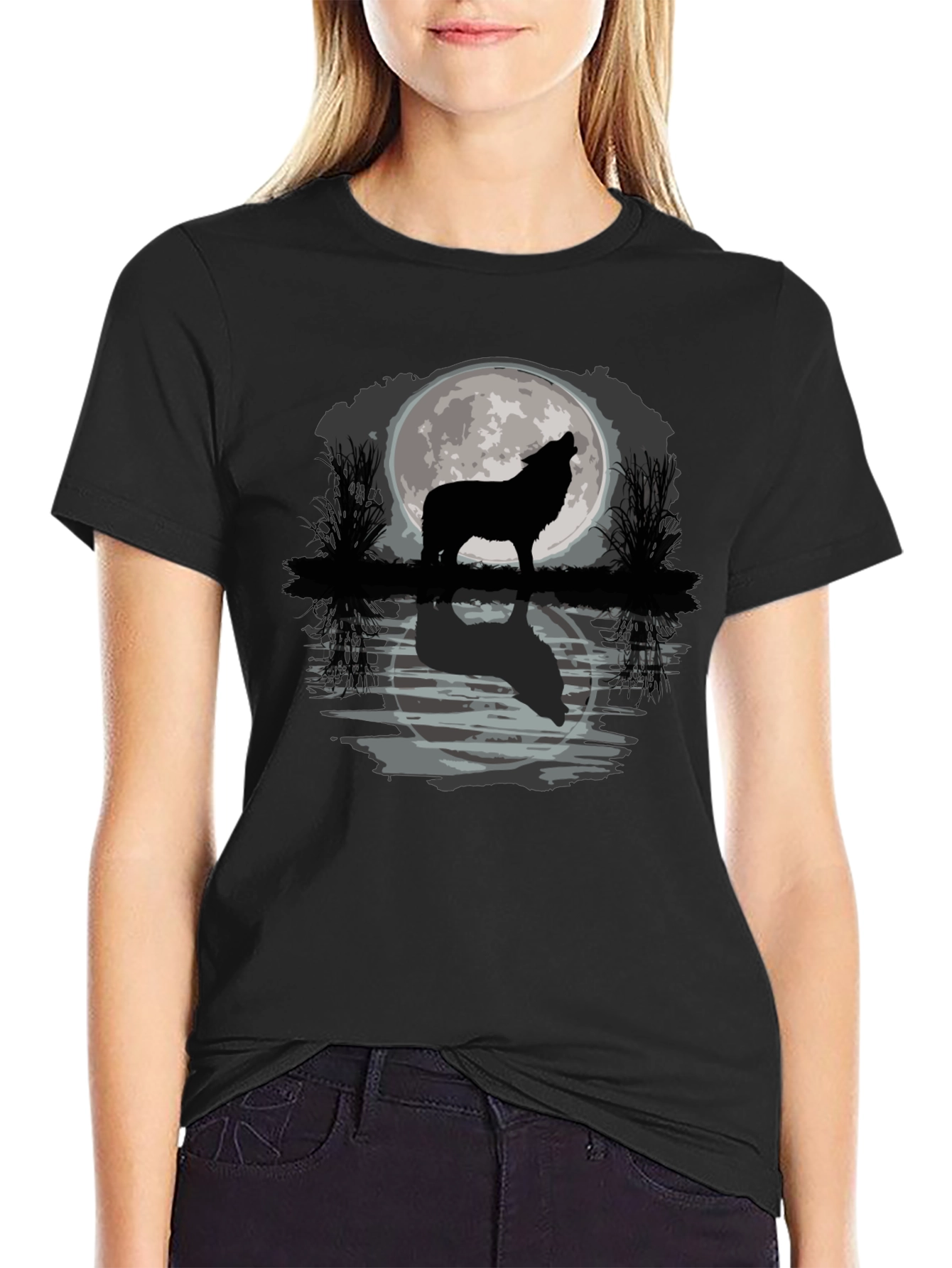 Black Wolf Howling at Moon Graphic T-Shirt view 2
