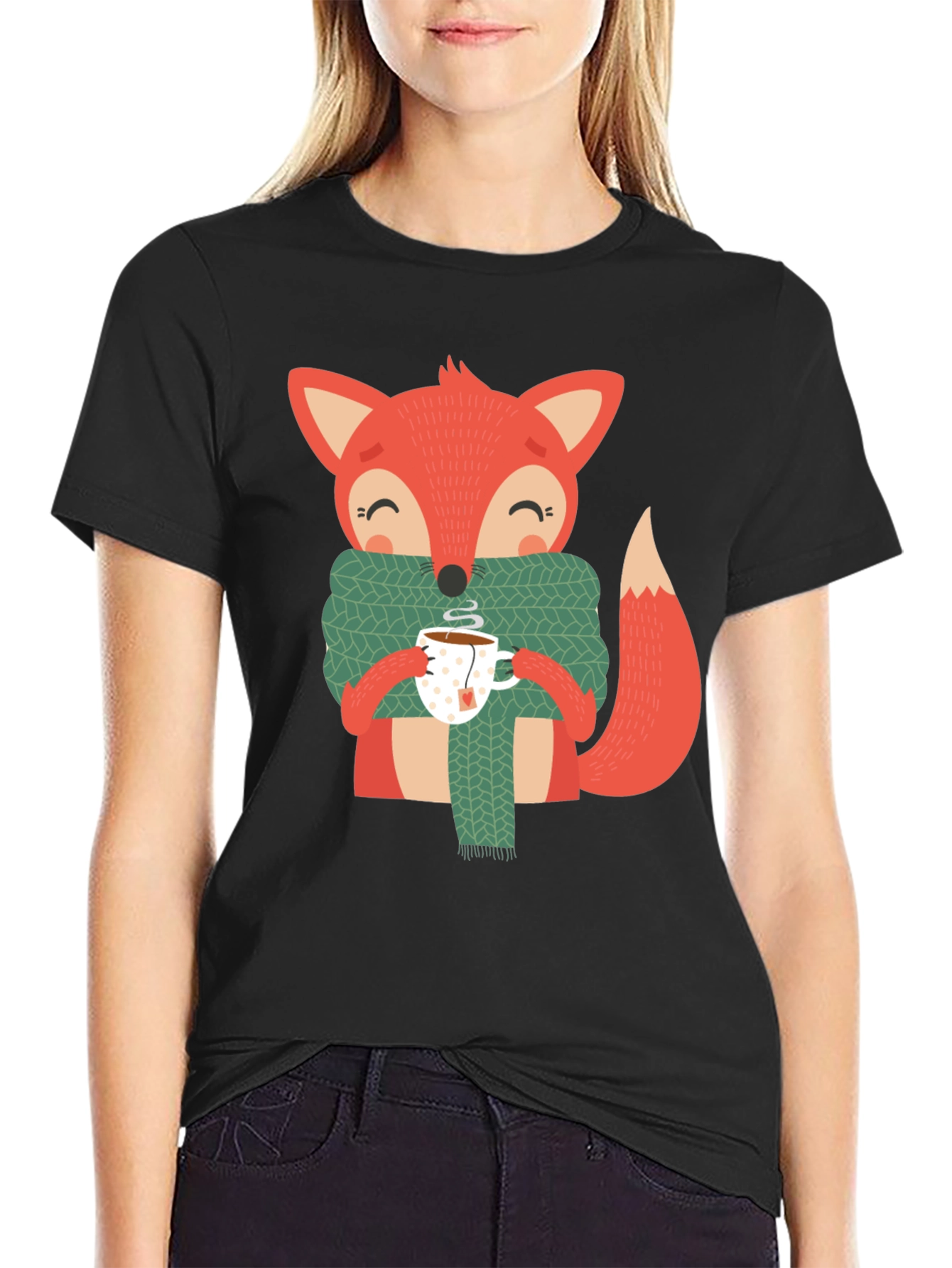Black Cute Fox Winter Tee - Snug Scarf & Hot Tea Design view 2