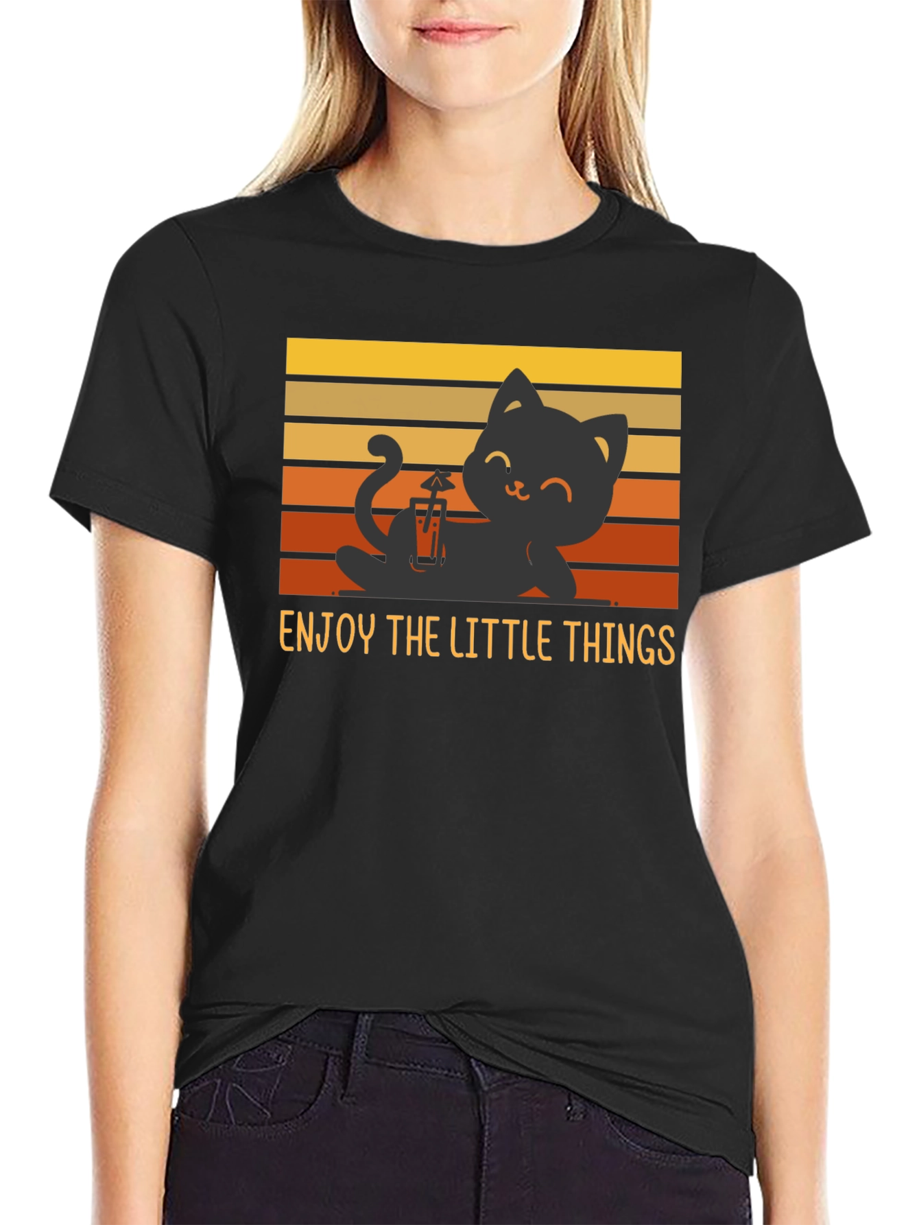 Black Enjoy the Little Things Cat T-Shirt - Relaxed Black Tee view 2