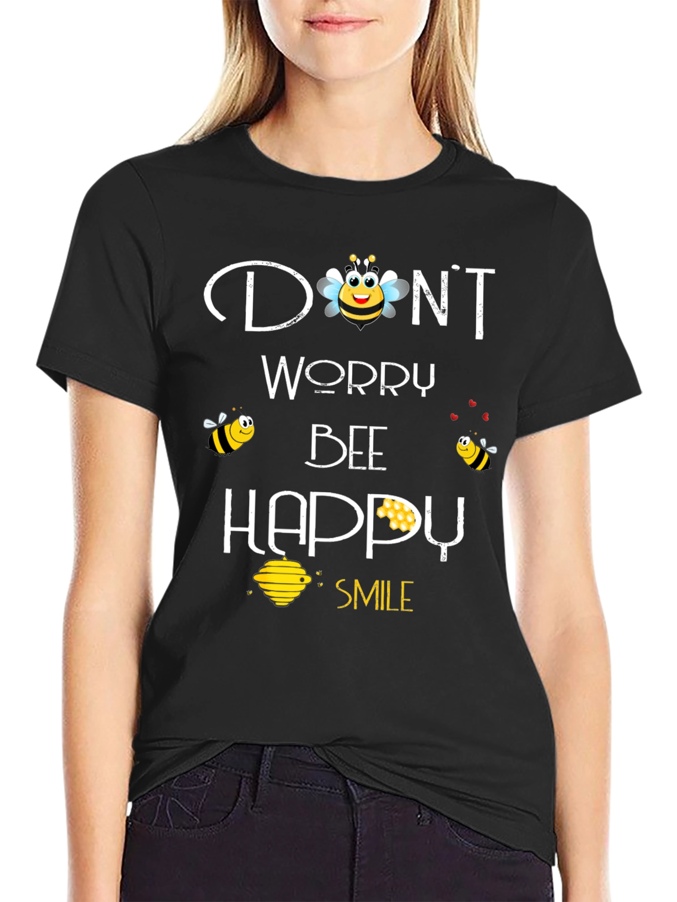 Black Don't Worry Bee Happy Graphic T-Shirt view 2