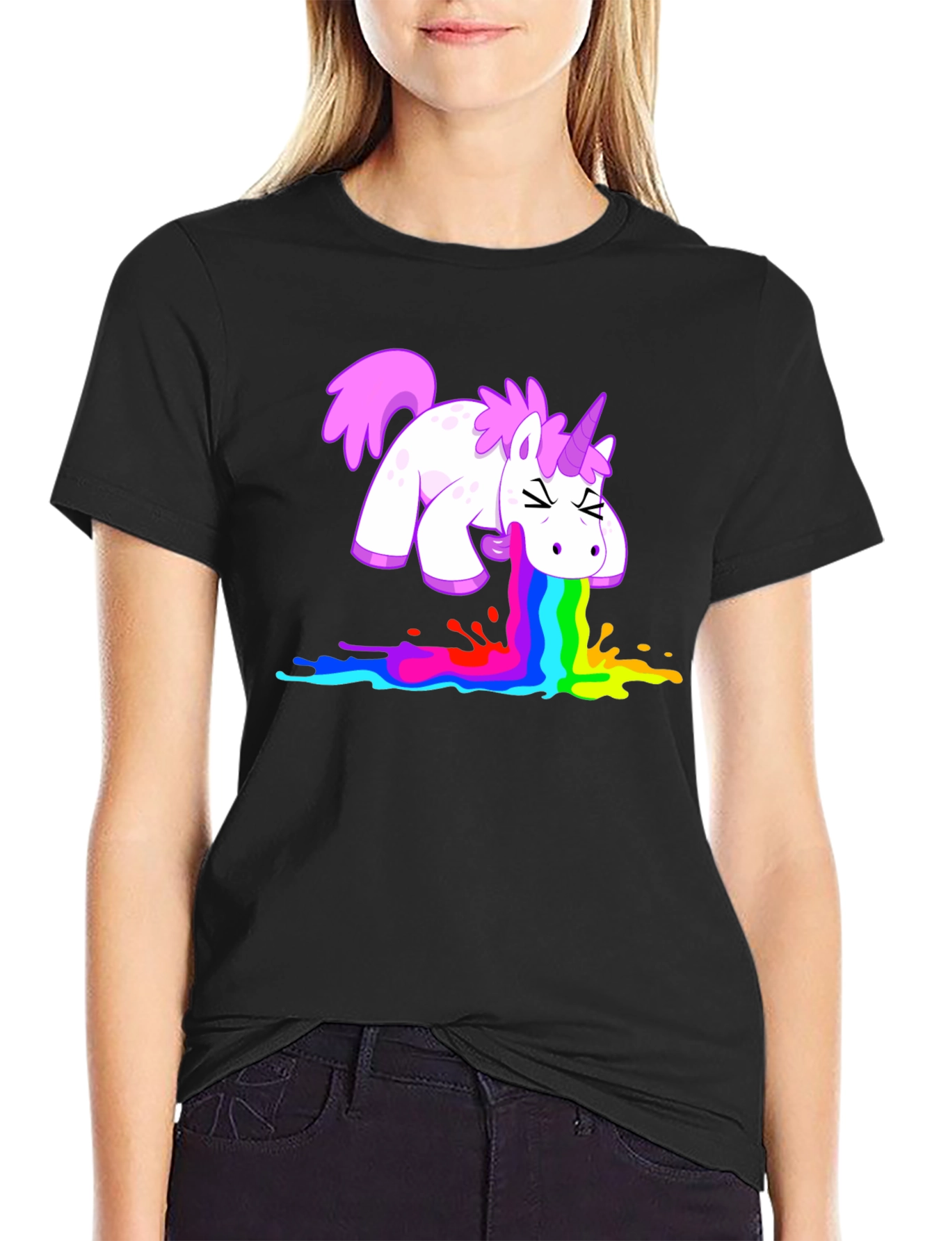 Black Unicorn Rainbow Vomit Graphic Tee view 2