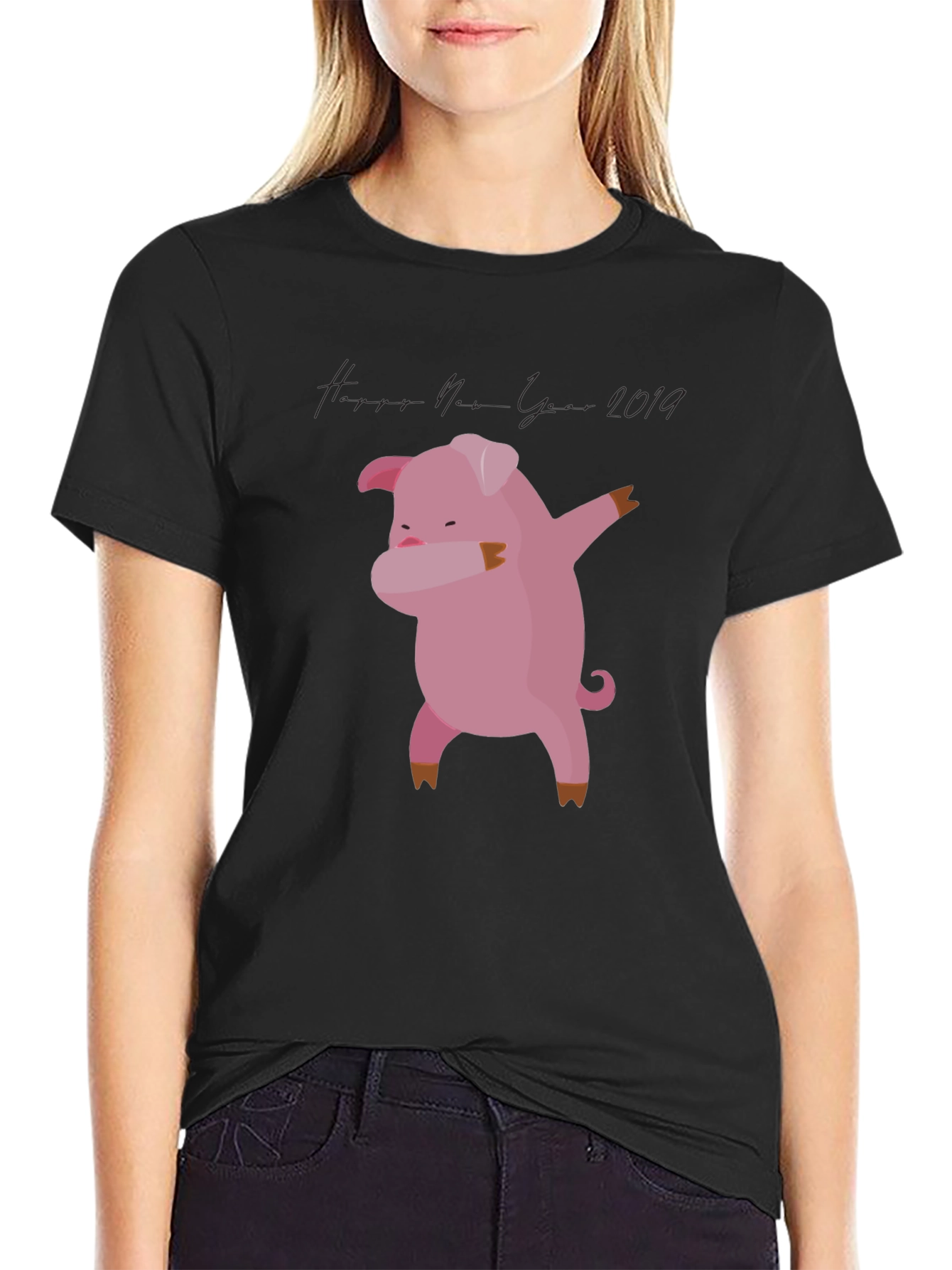 Black Dabbing Pig New Year 2019 Black T-Shirt view 2