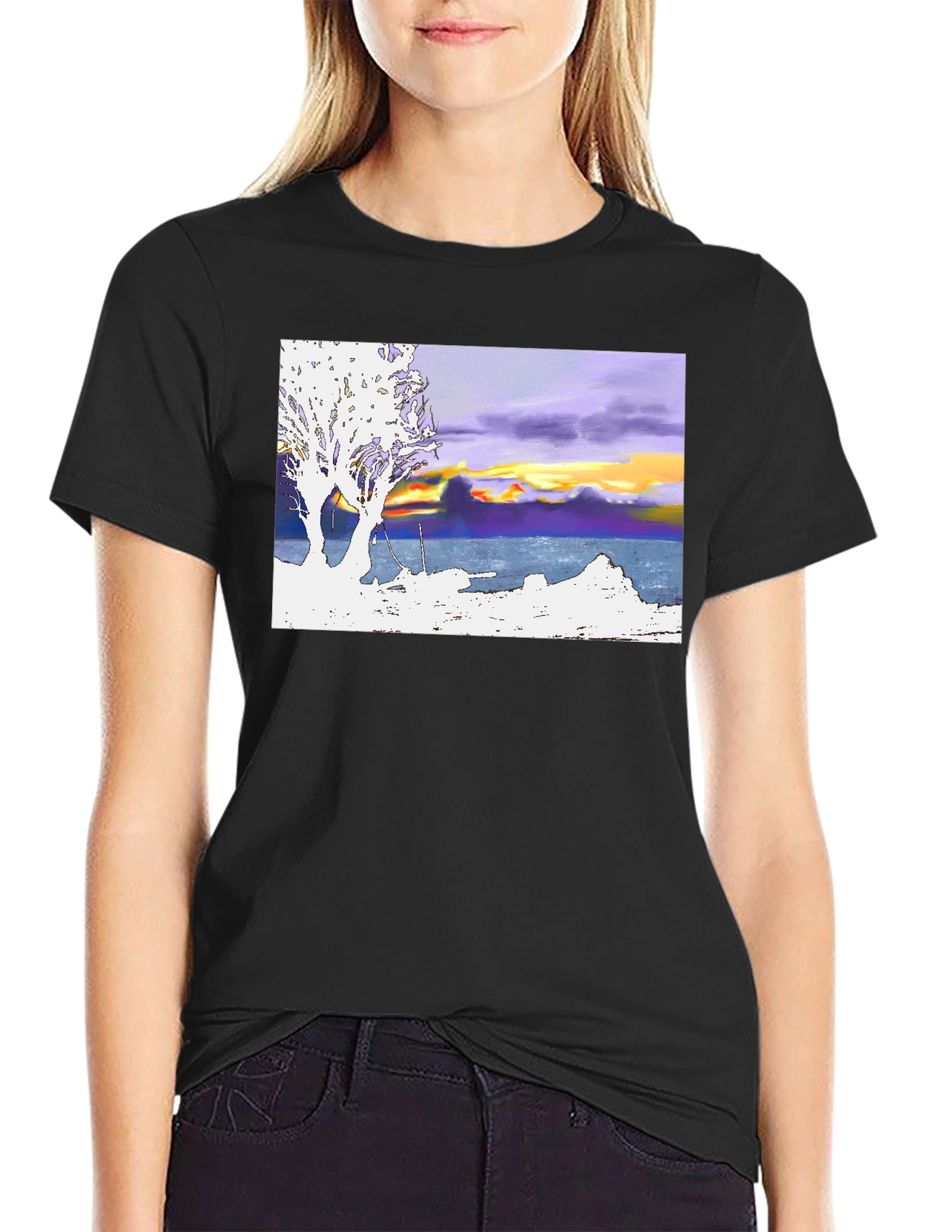 Black Sunset Coastline T-Shirt: Artistic Graphic Tee view 2