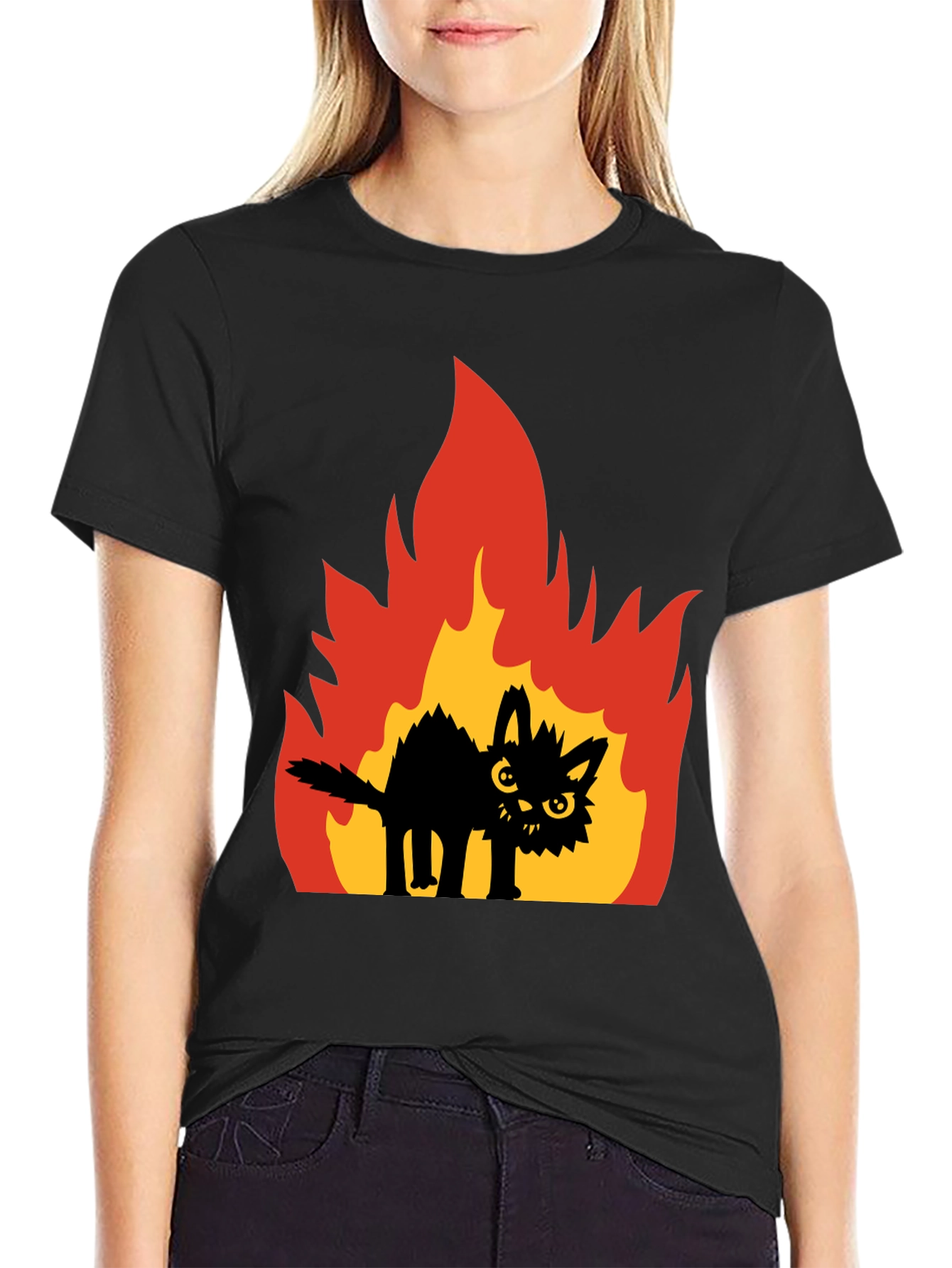 Black Burning Cat Graphic Tee - Black view 2