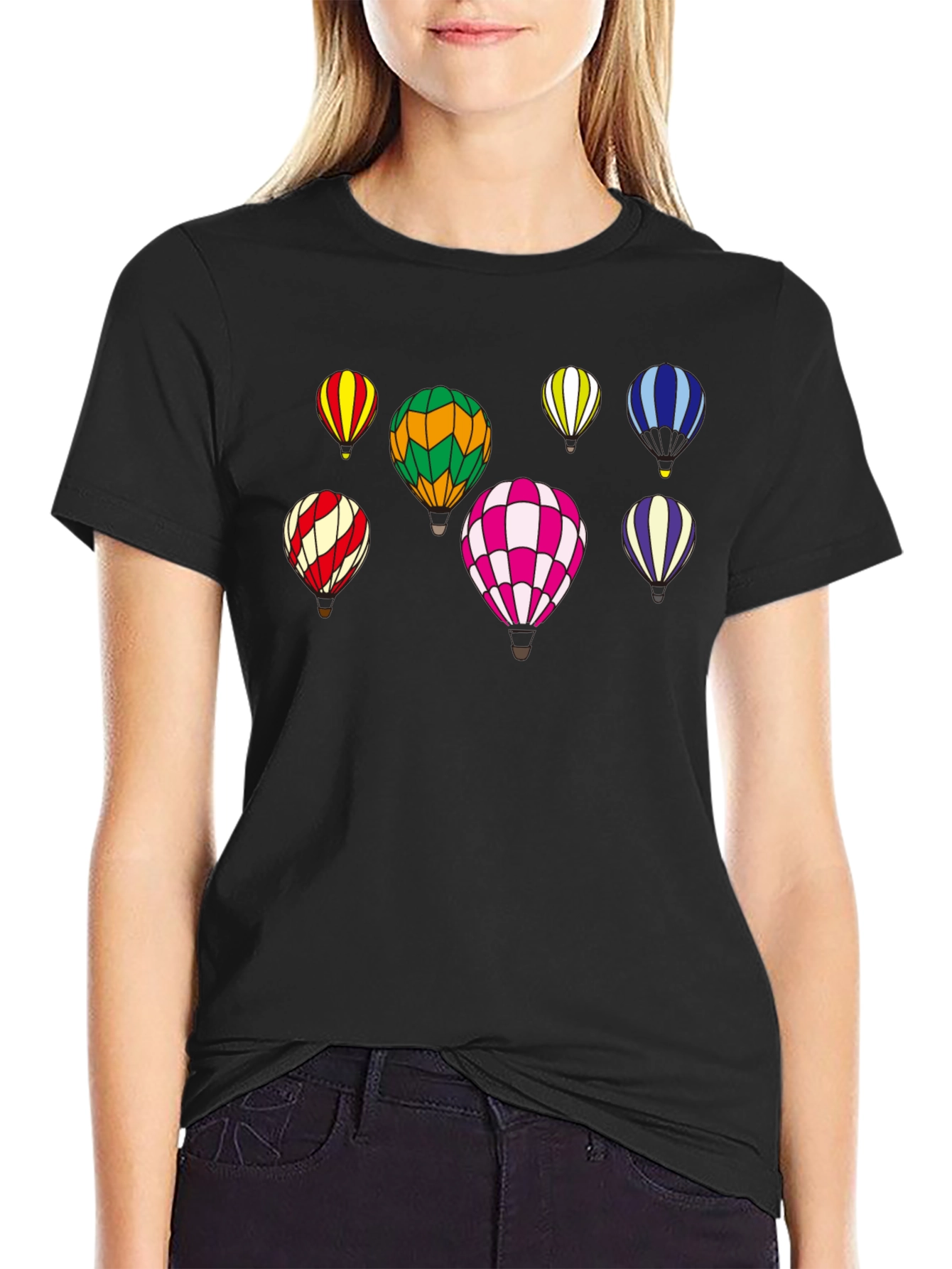 Black Colorful Hot Air Balloon Print T-Shirt view 2