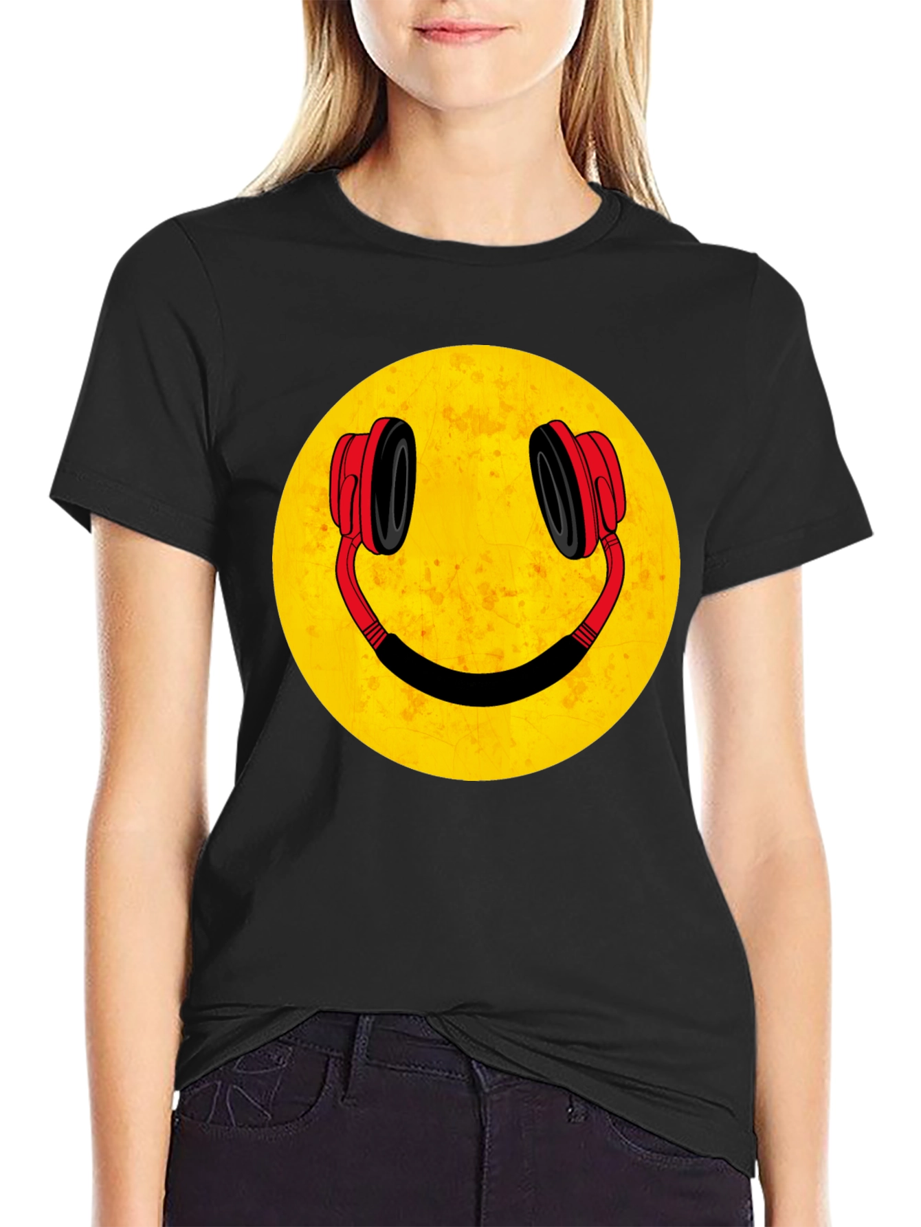 Black Smiley Face Headphones Graphic Tee view 2