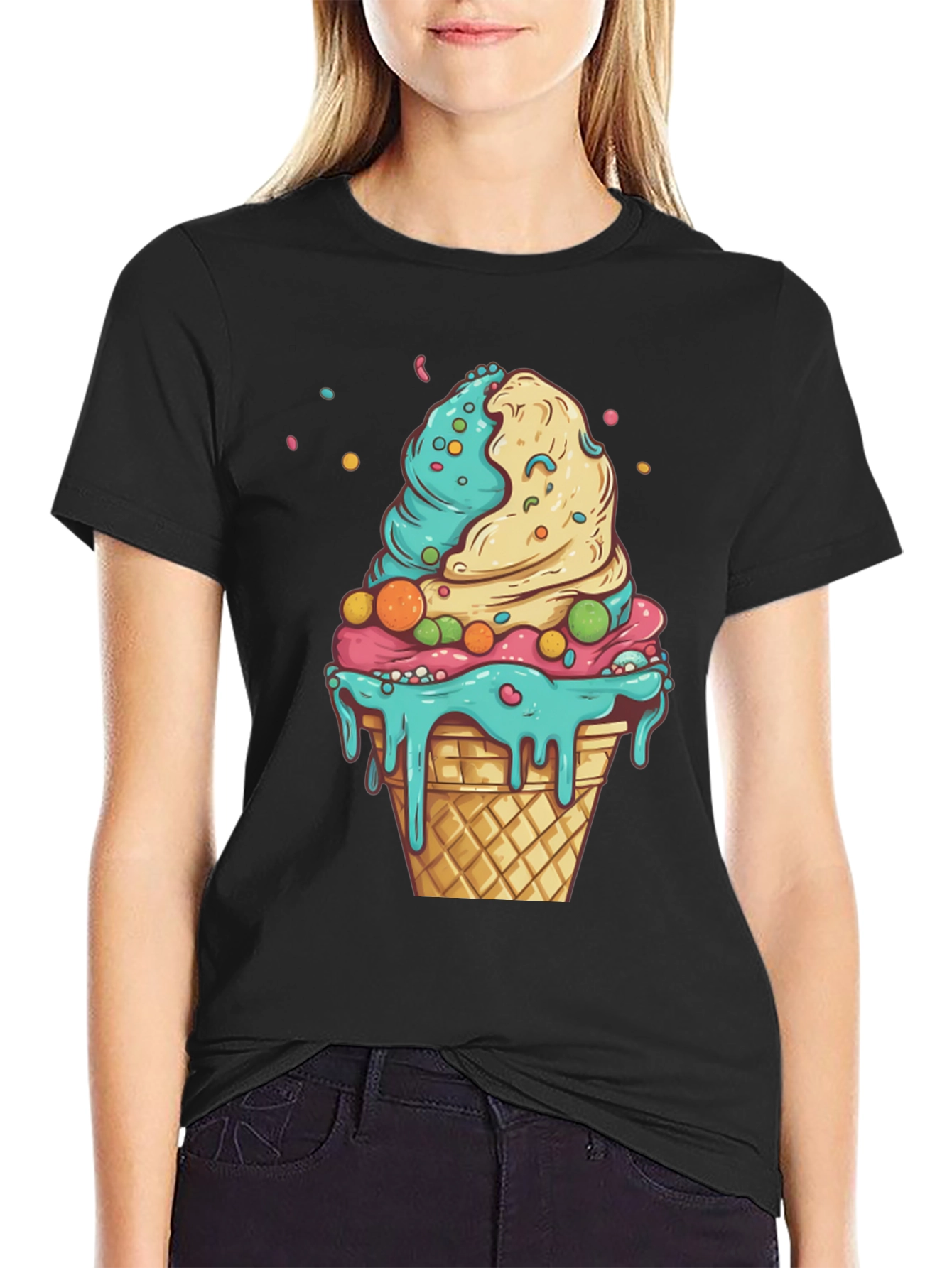 Black Ice Cream Cone Graphic Tee - Black Cotton Shirt view 2