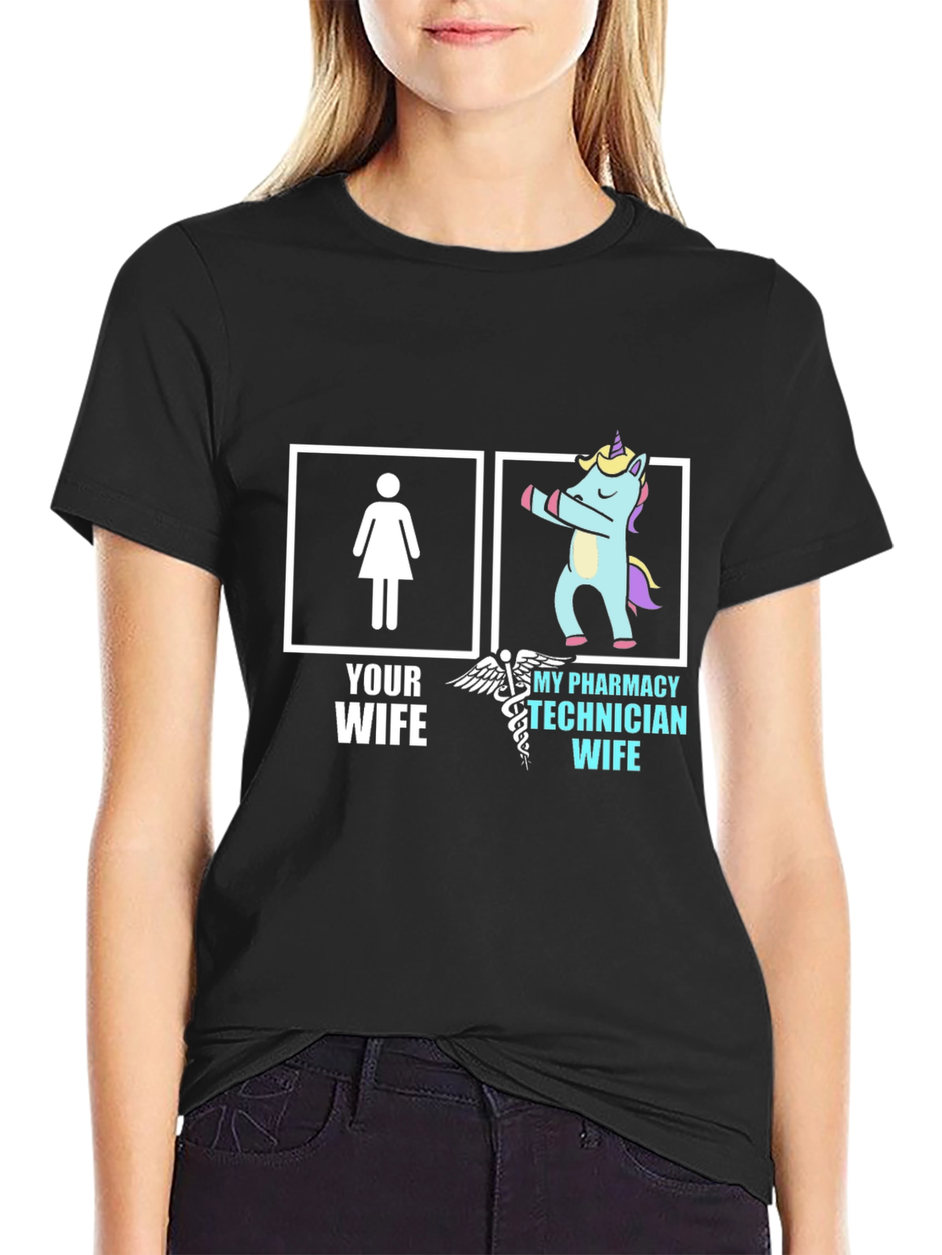 Black Pharmacy Technician Wife T-Shirt - Funny Unicorn Tee view 2