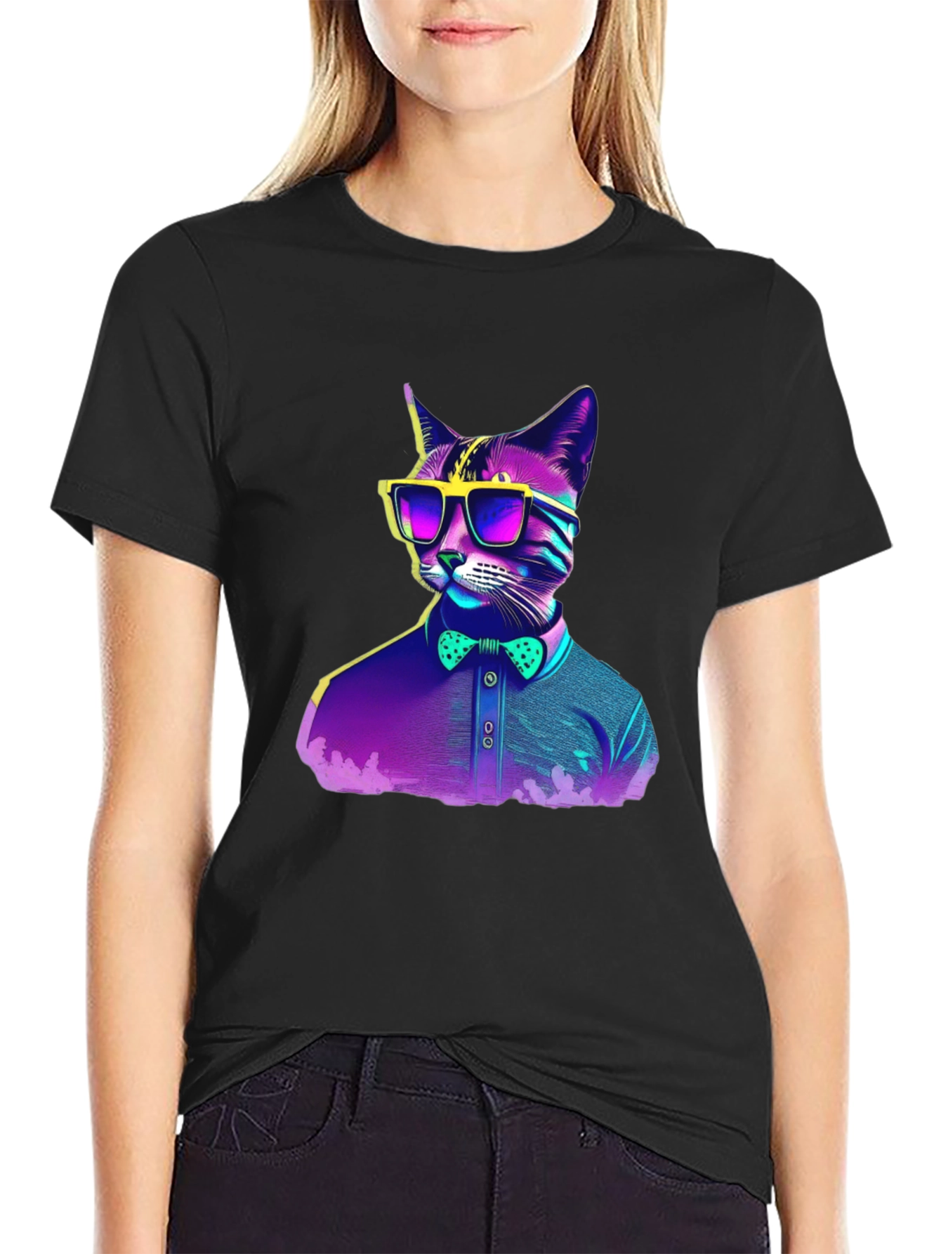 Black Hipster Cat T-Shirt - Cool Neon Design view 2