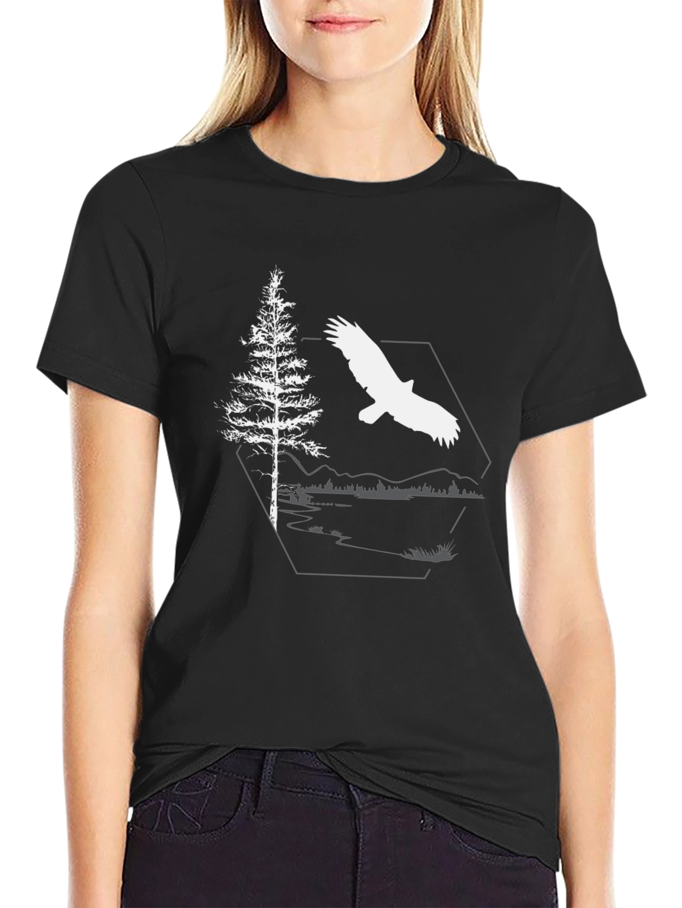 Black Eagle & Pine Tree Graphic Black T-Shirt view 2