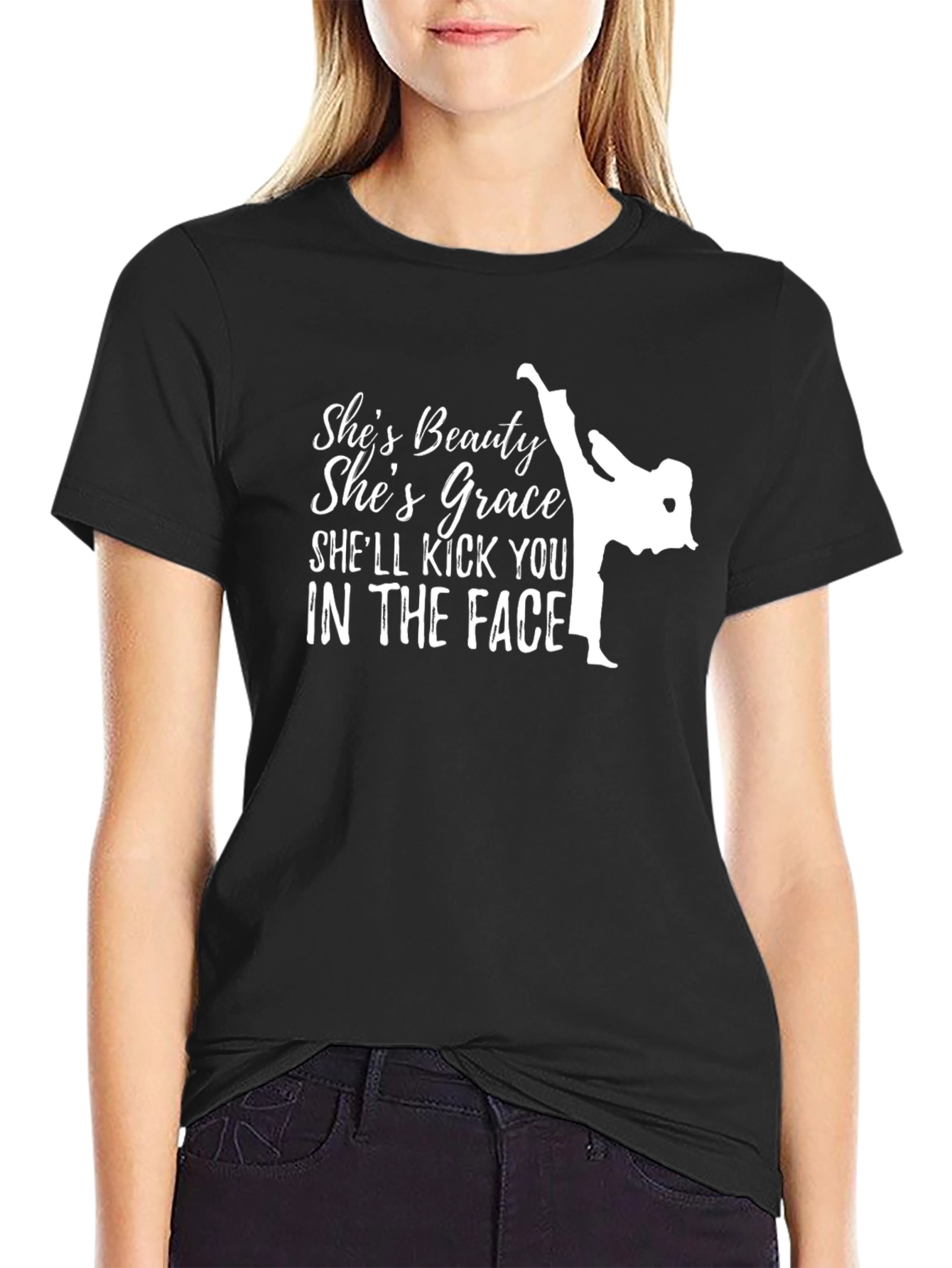 Black She's Beauty Grace Kick Face T-Shirt Funny Martial Arts view 2