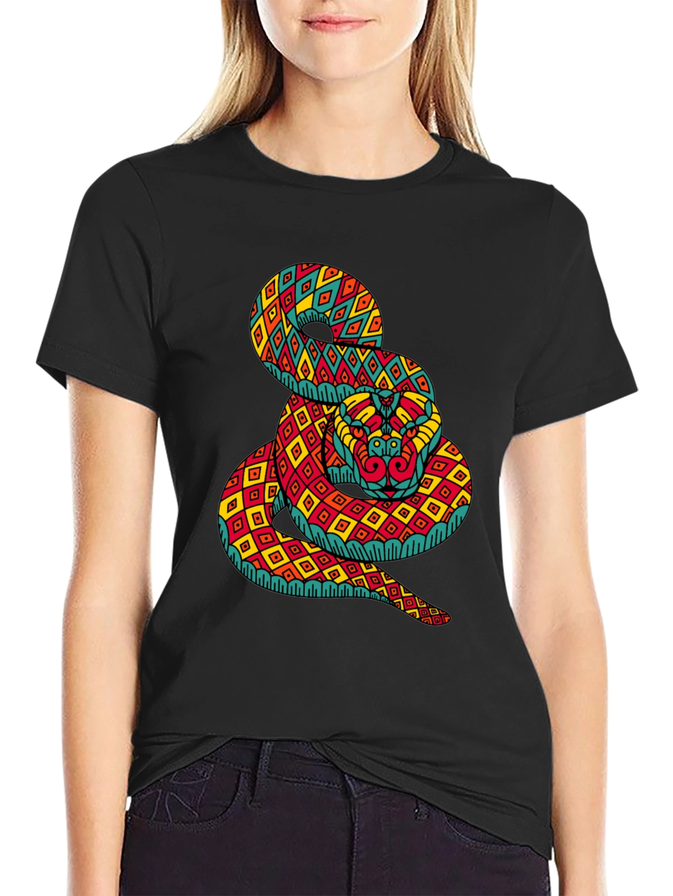 Black Geometric Snake Print Black T-Shirt view 2