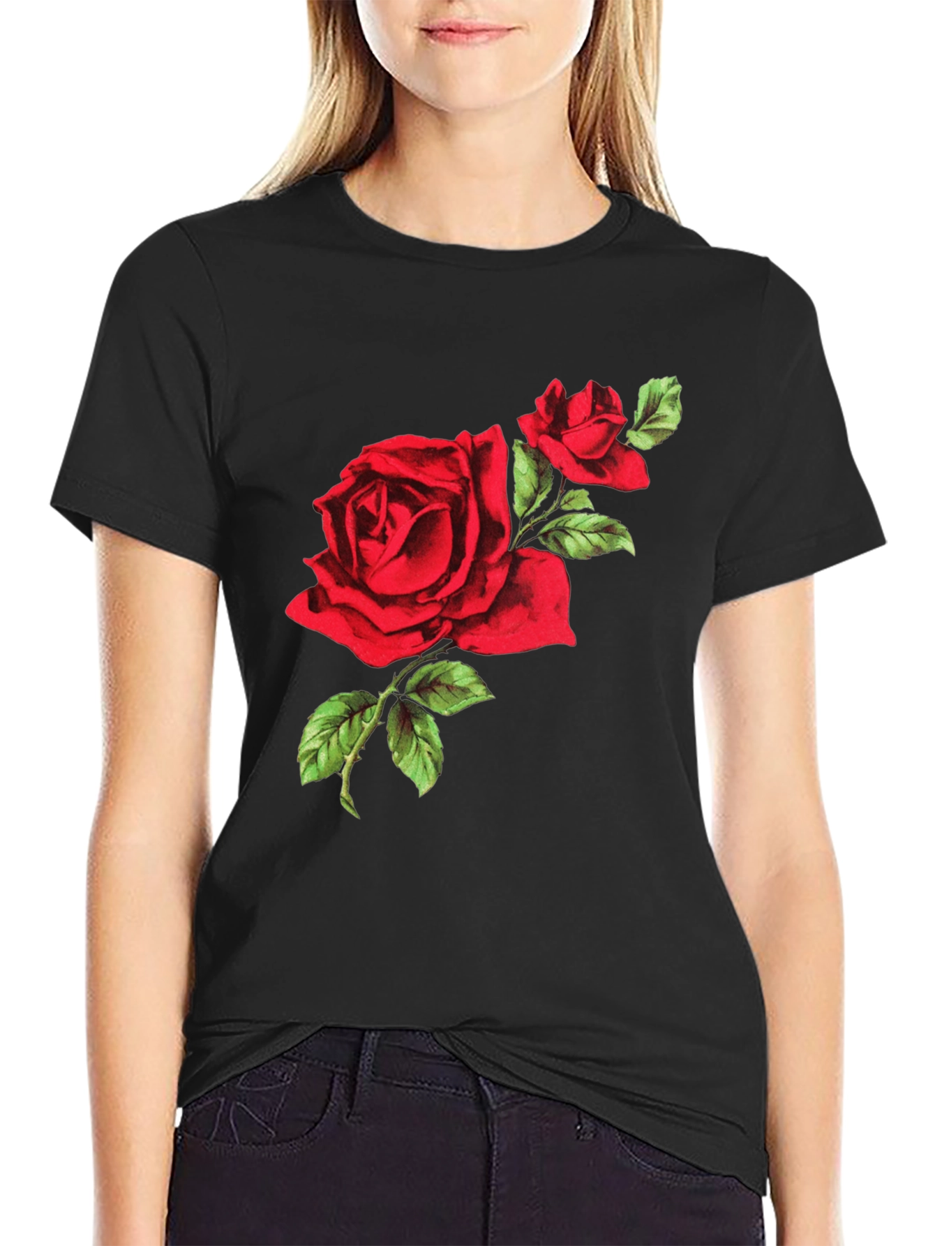 Black Red Rose Graphic Tee - Black Cotton T-Shirt view 2
