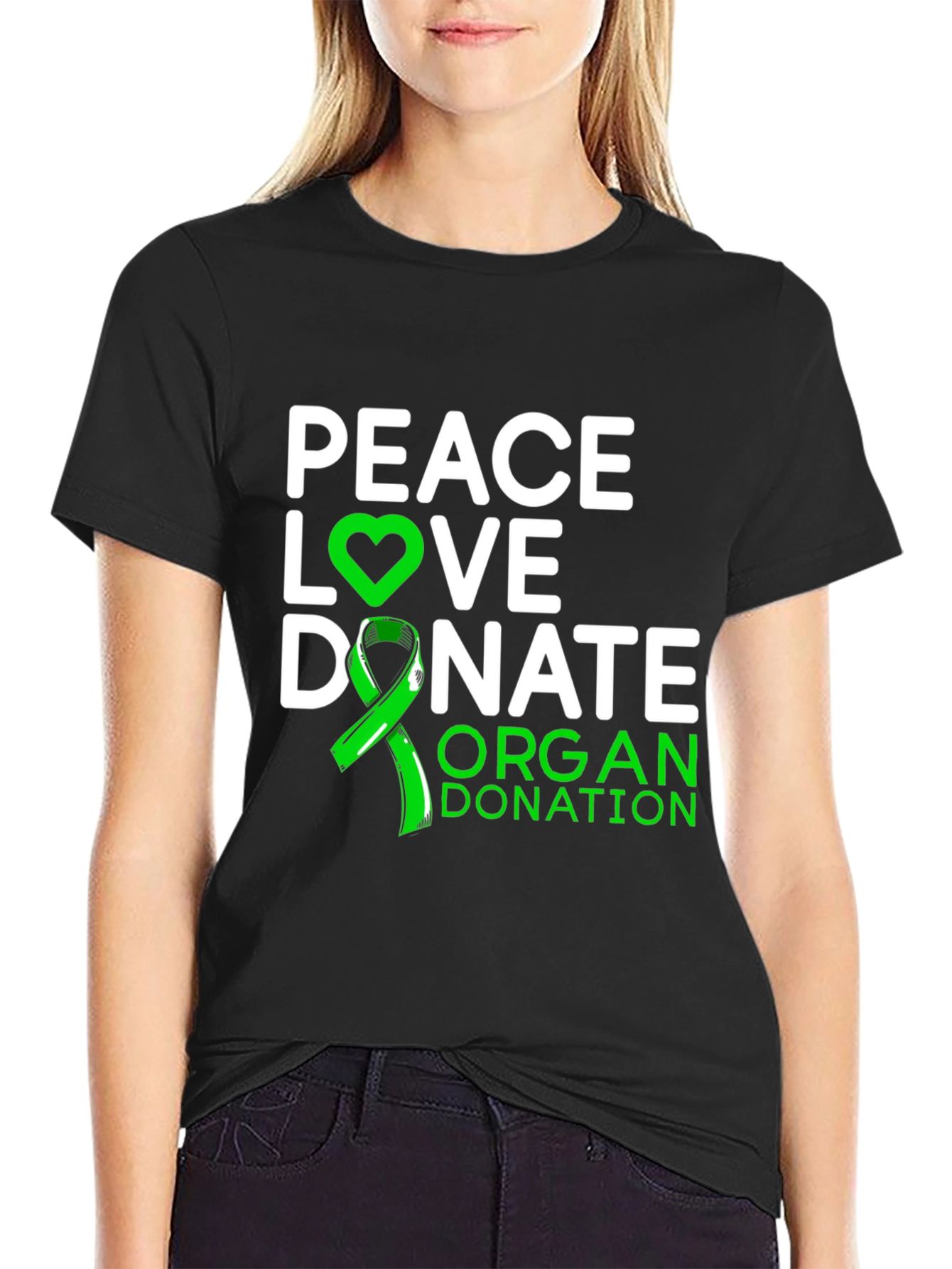 Black Peace Love Donate Organ Donation Awareness T-Shirt view 2