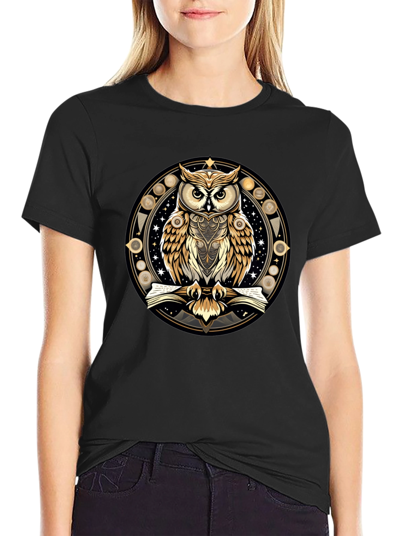 Black Mystic Owl Graphic Tee - Stylish Unisex Black T-Shirt view 2