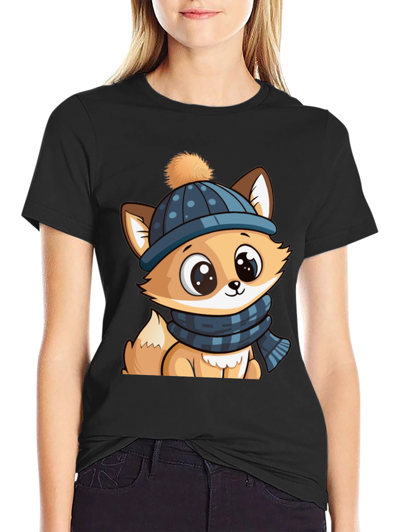 Black Cute Cartoon Fox with Winter Hat Graphic Tee view 2