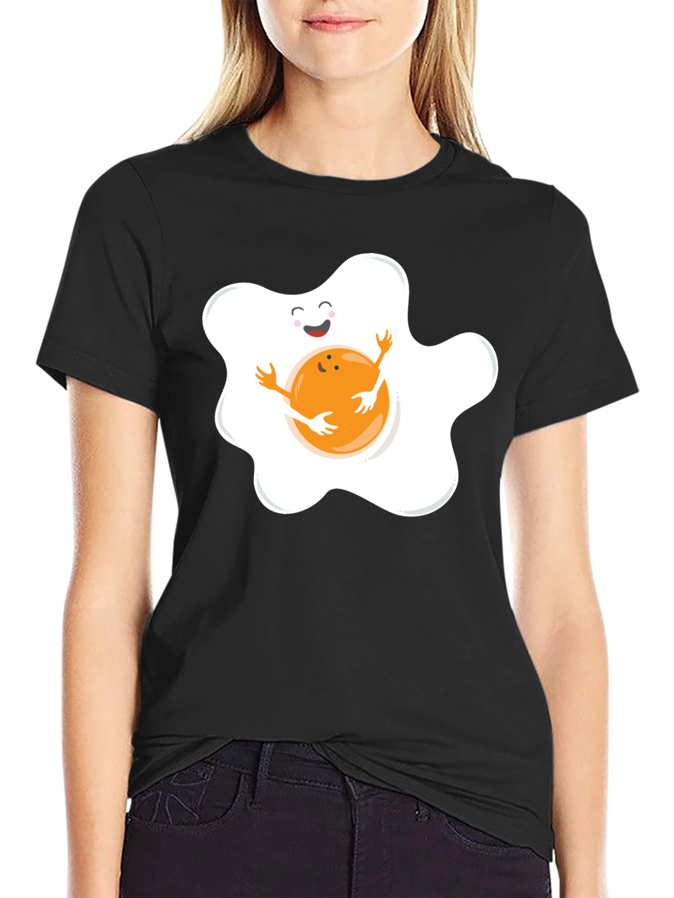Black Cute Egg Hug Graphic Black Tee view 2