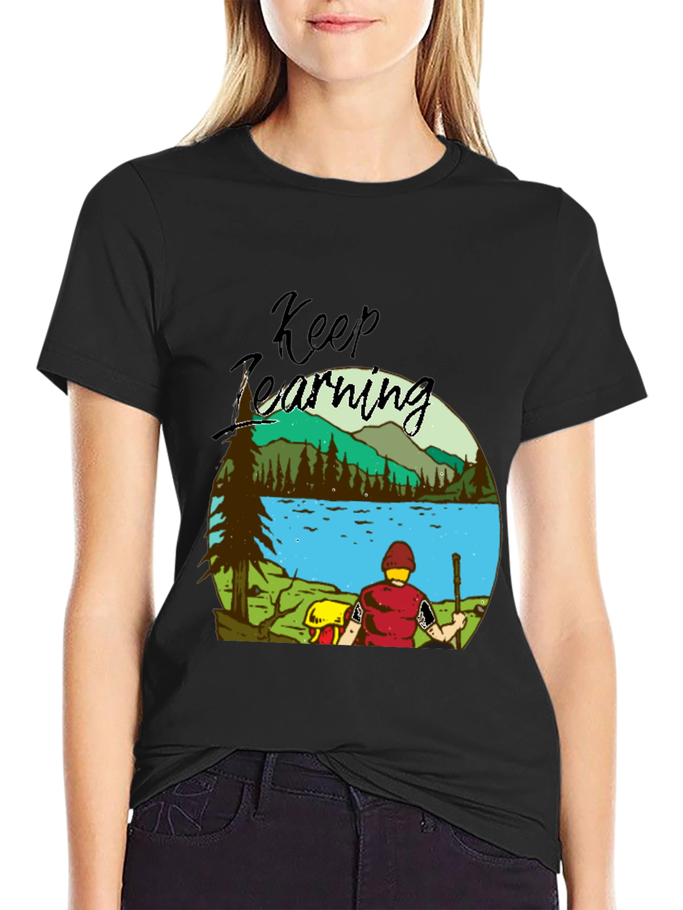 Black Keep Learning Nature Scene Graphic T-Shirt view 2