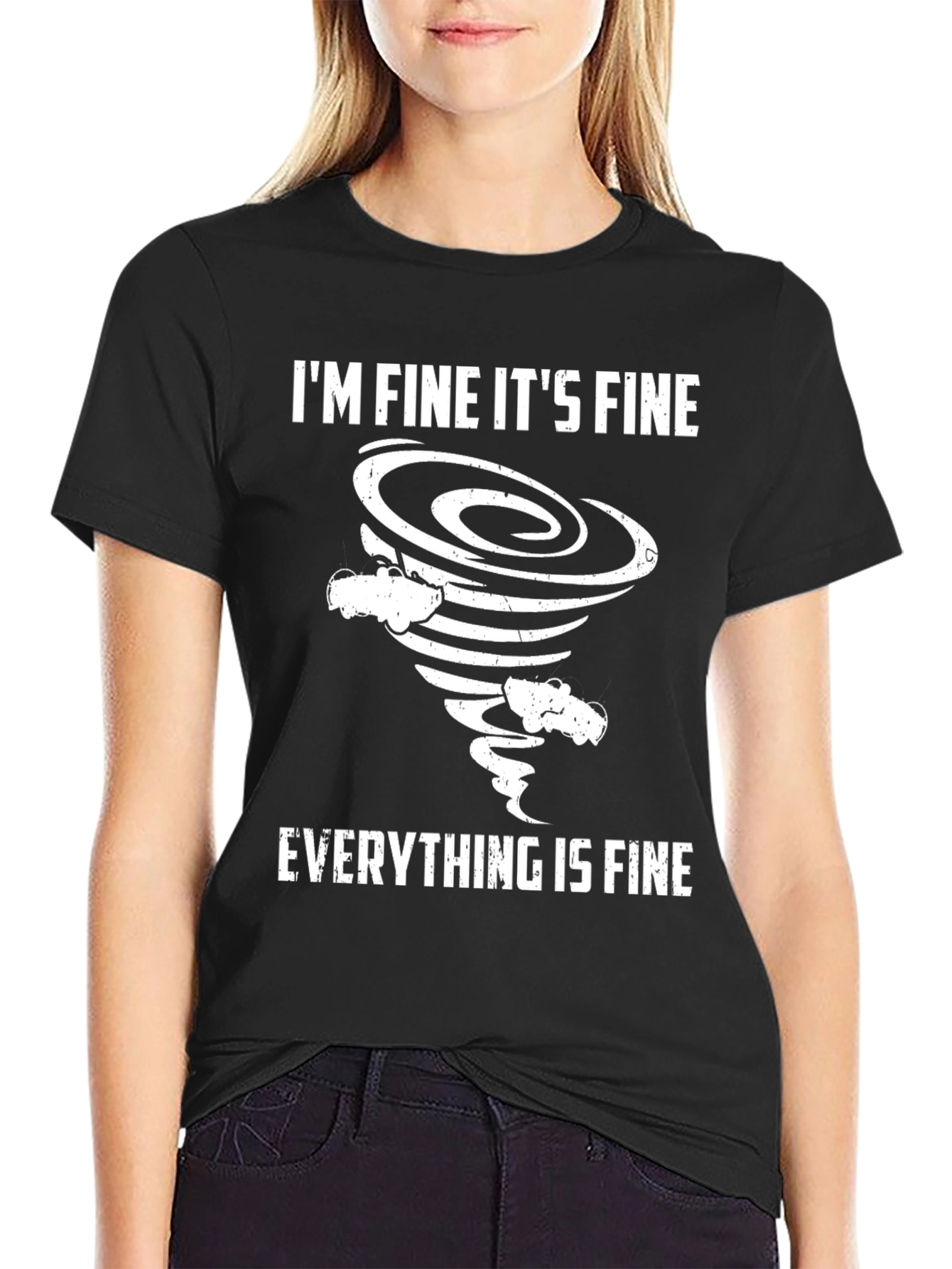 Black I'm Fine Everything is Fine Tornado T-Shirt view 2