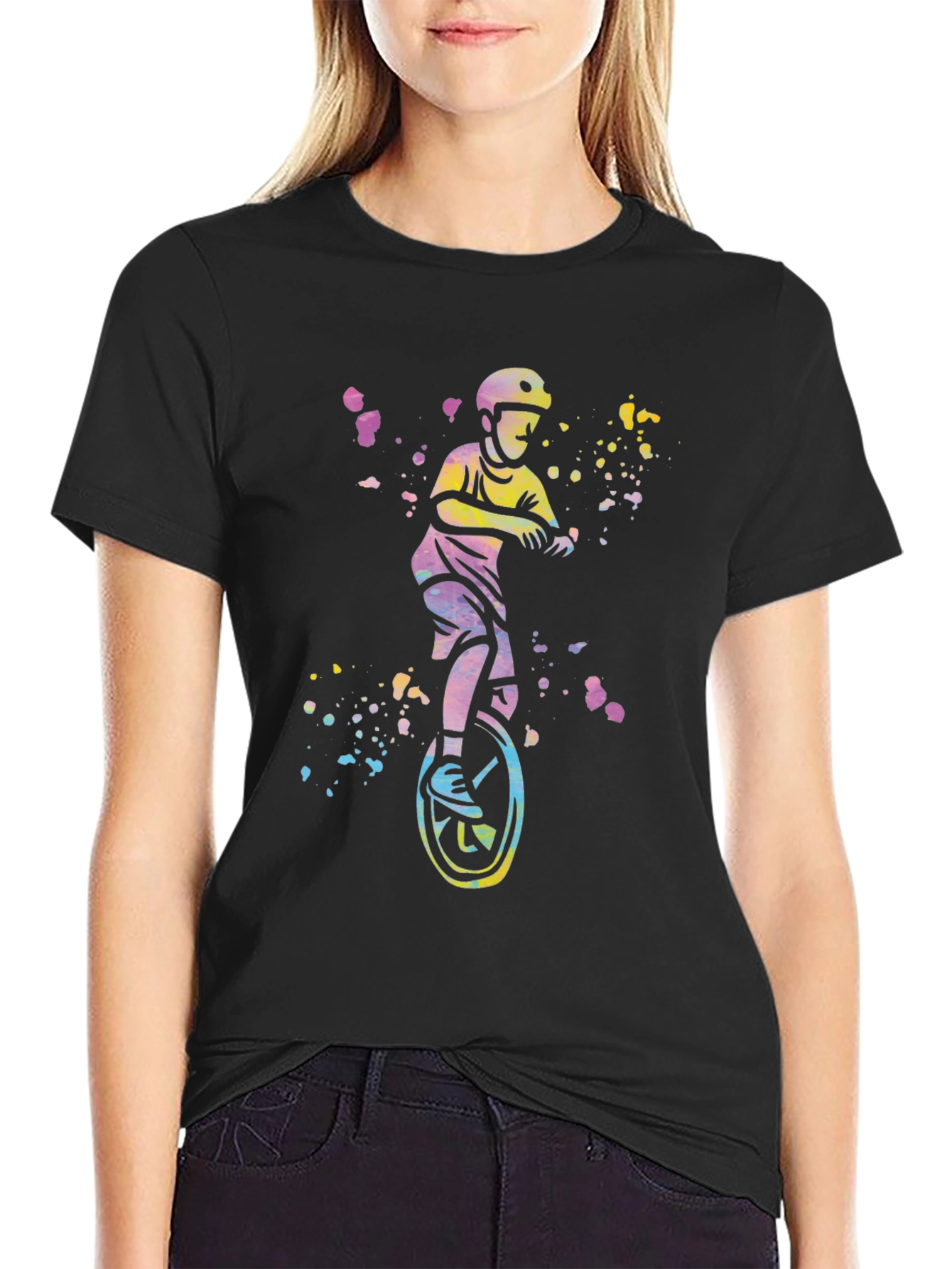 Black Unicyclist Graphic Tee - Colorful Fun Design view 2