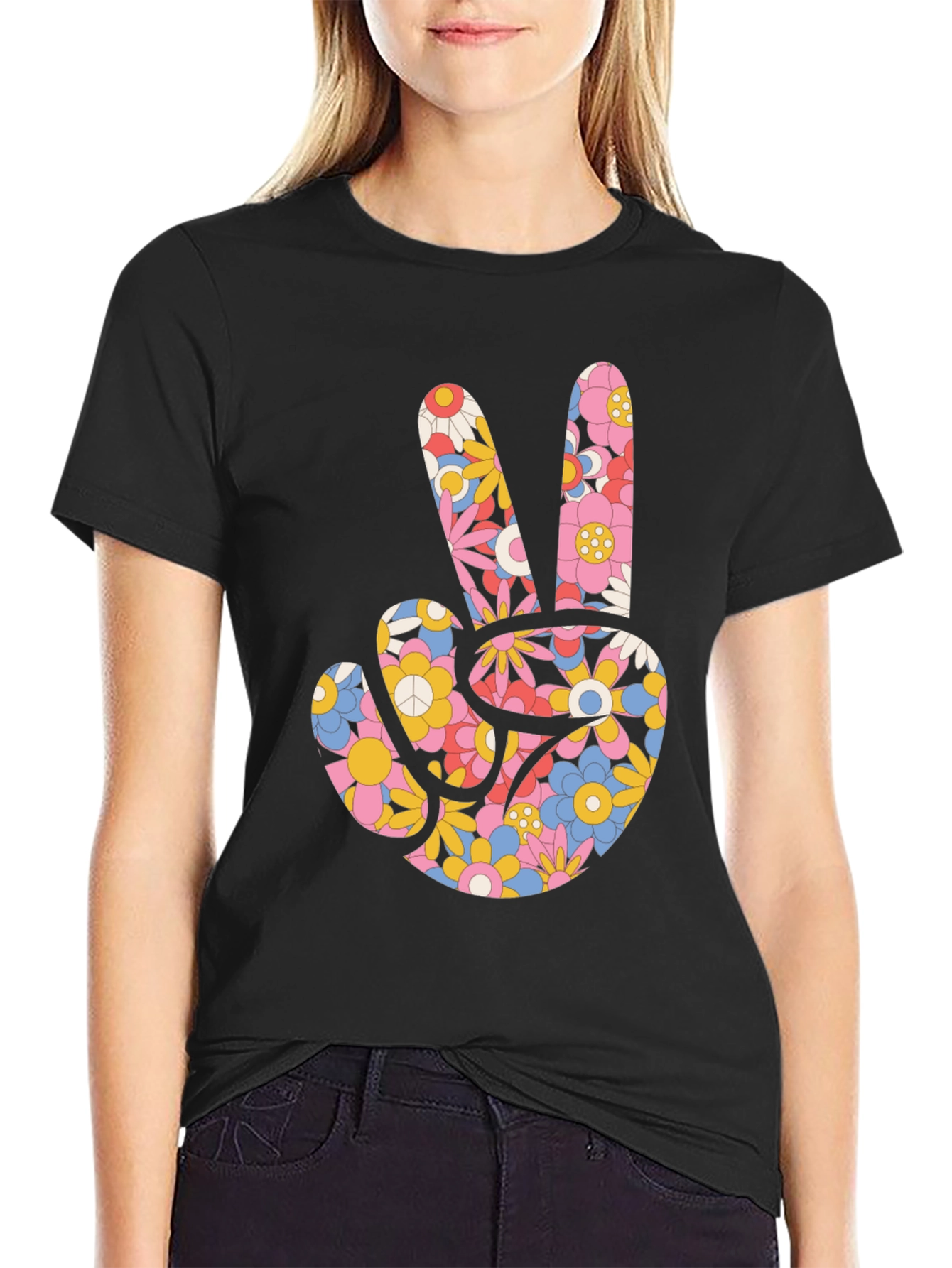 Black Floral Peace Sign Black T-Shirt view 2